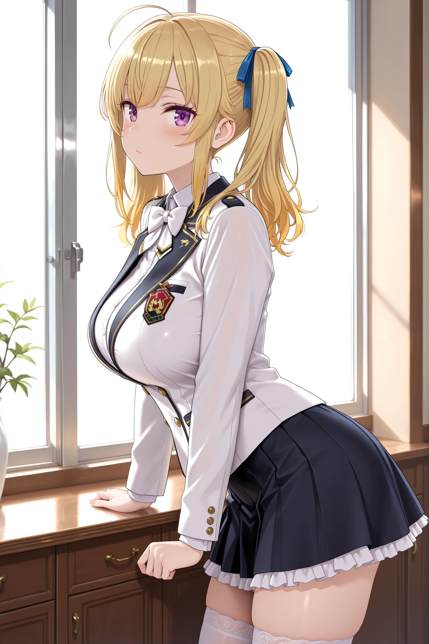 solo,masterpiece,best quality, amazing quality, highres, absurdres, very aesthetic, high resolution, ultra detailed, perfect details,nijirion,large breasts,purple eyes,blonde hair,twintails,ahoge,hair ribbon,nijirioncos,white shirt,white bowtie,white jacket,black lapels,button,black skirt,frilled skirt,miniskirt,white thighhigh,(masterpiece, detailed:1.2),from side