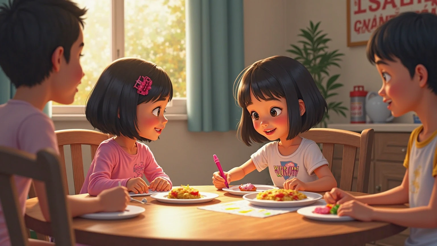 In the animated style of a Disney Pixar film, a classroom decorated for a school cooking contest, with tables full of dishes and cakes, and two girls, one with a disappointed look and the other with a shy smile, working together. knocked over chocolate cake, with a sad girl in the background and another girl approaching with a piece of cake