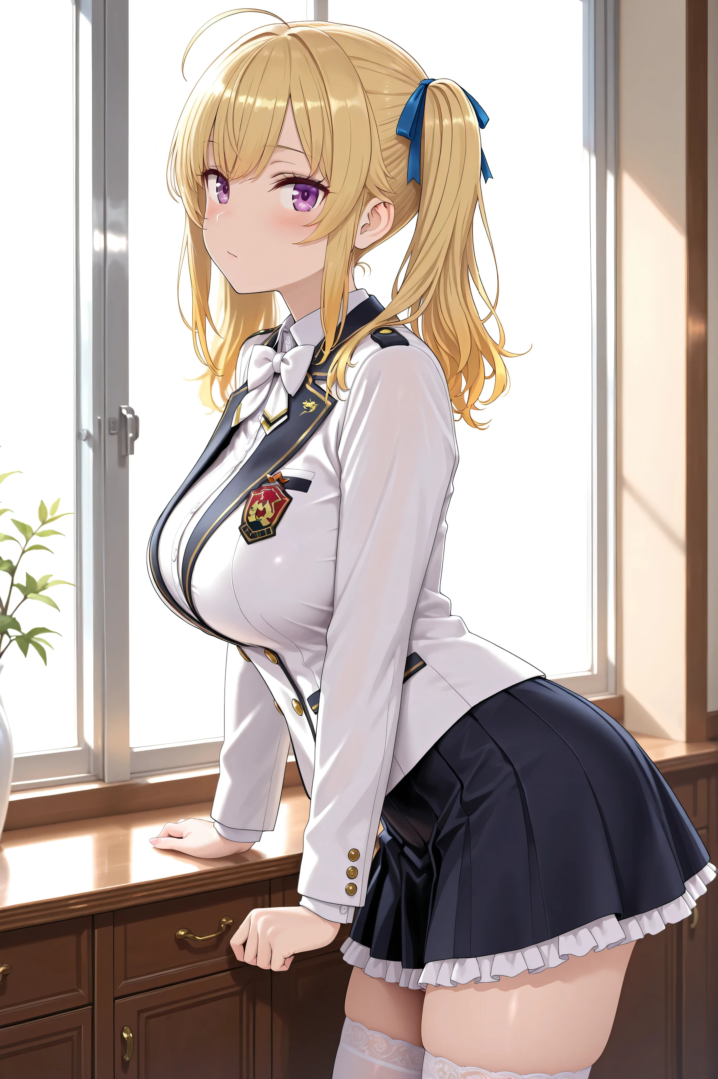 solo,masterpiece,best quality, amazing quality, highres, absurdres, very aesthetic, high resolution, ultra detailed, perfect details,nijirion,large breasts,purple eyes,blonde hair,twintails,ahoge,hair ribbon,nijirioncos,white shirt,white bowtie,white jacket,black lapels,button,black skirt,frilled skirt,miniskirt,white thighhigh,(masterpiece, detailed:1.2),from side