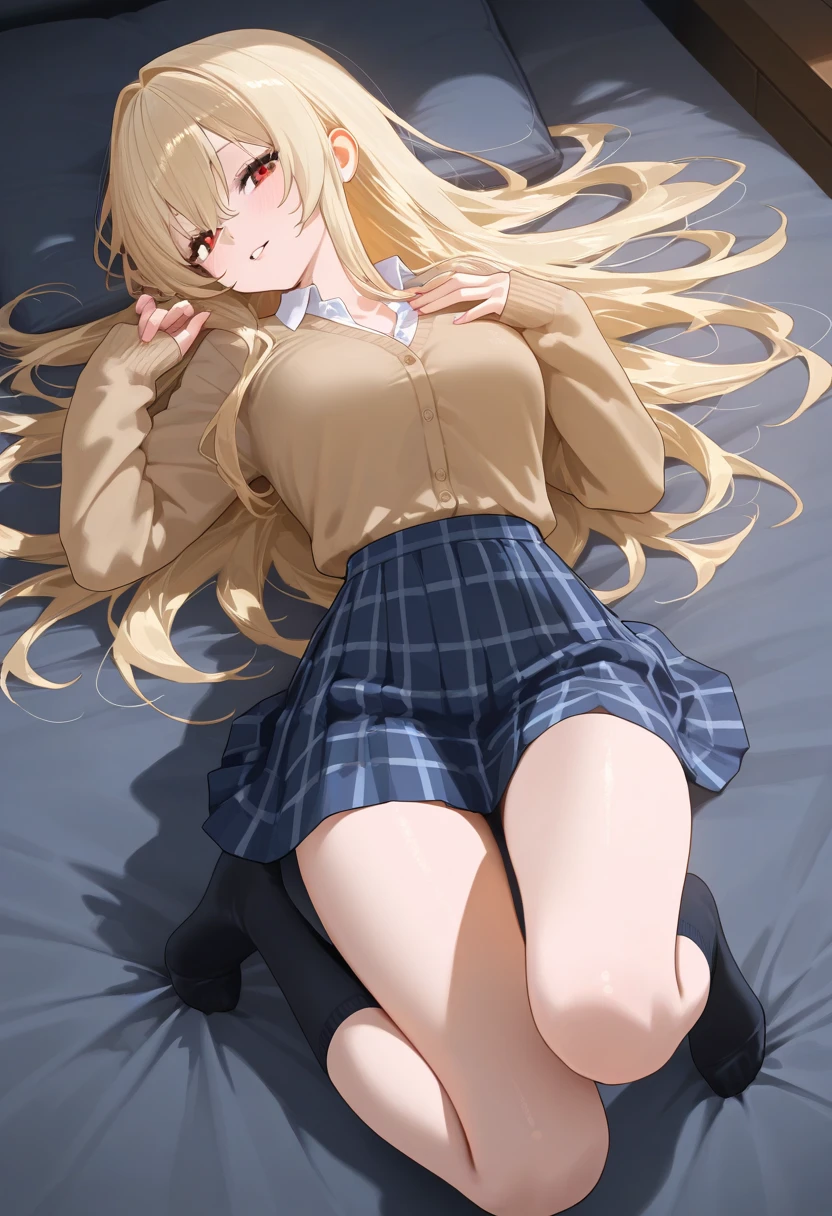 masutepiece, Best Quality,Photorealsitic,NSFW,Detailed Focus:1.3, 1人の女性,School uniform,on the beds,((Lying on your back:1.3)),(Bend your knees and open your legs:1.3) ,White string panties,Looking at Viewer, Cute, medium breasts, Yellow eyes,  Pleated skirt with tartan plaid pattern,  Yellow hair, Long hair,Beautiful detailed eyes, embarrassed,Late night bedroom background,(Low position shooting 1.5),(Close-up in panties:1.3),Anatomically accurate drawing