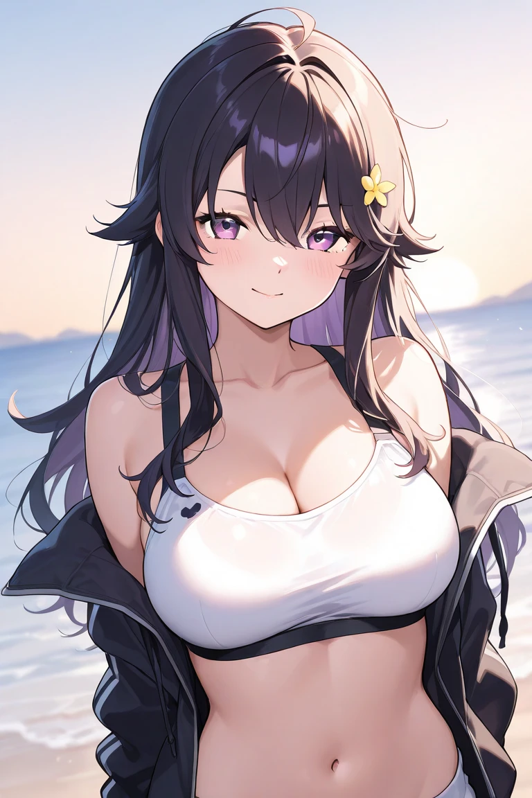 one-girl,30 age old,having fun,Black hair,Top-down view,perspire,比基尼,body curve,Purple eye,Large breasts,looks into camera,sportrait,closeup cleavage,Be red in the face,ssmile,brassier,beachside,sandbeach,clouds,the trees