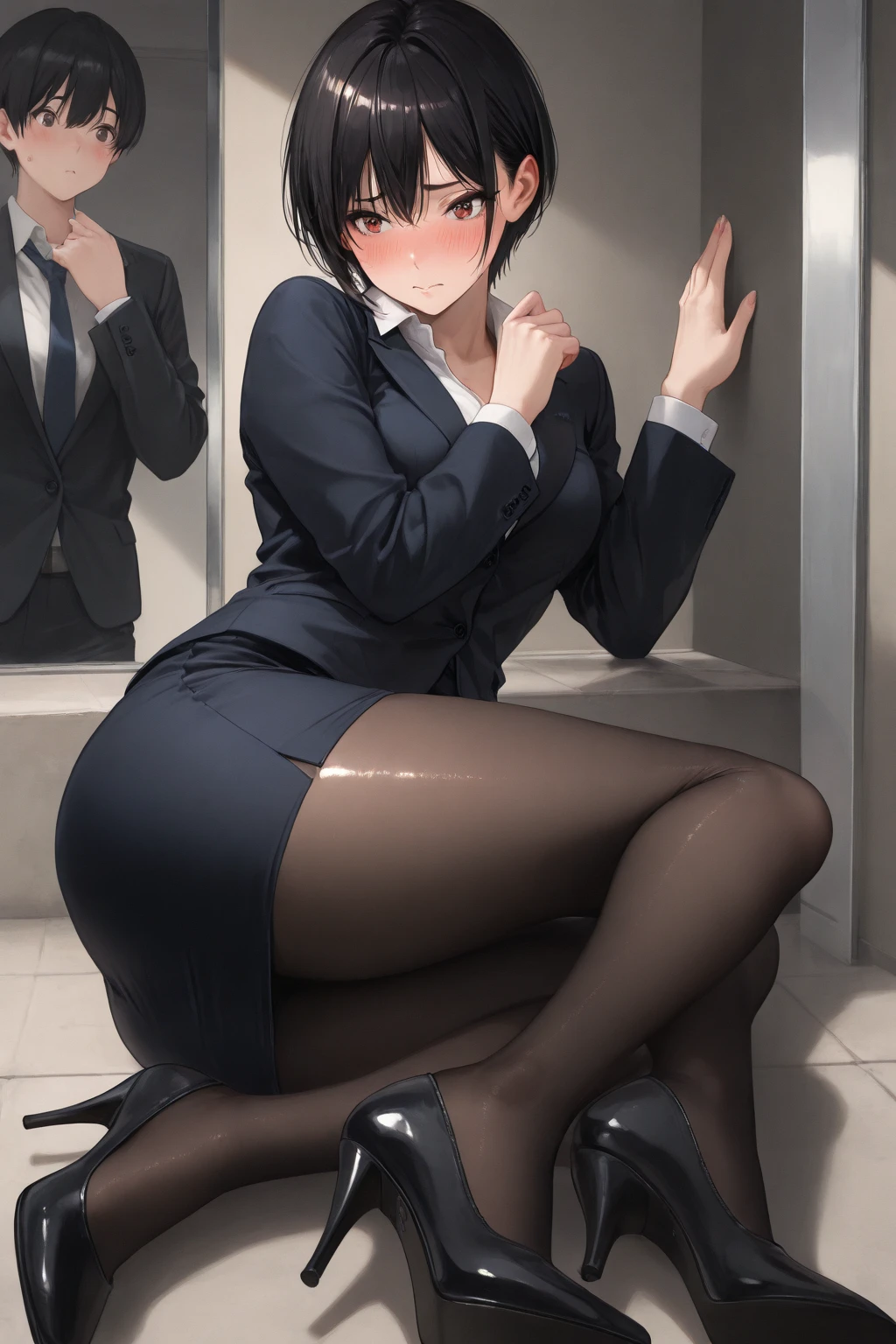 masterpiece: 1.6, Highest quality: 1.4, Intricate details: 1.2, 1 mature woman,28 years old,office lady,attractive office lady, alone, (Brown Hair), Medium Hair, single ~ ~ sidelock, amount: 1.5, Slender figure,Small breasts,(Exposed thighs:1.3),office casual style, (Black recruitment suit:1.5),White shirt,(Black tight skirt:1.2), Full Body Shot, Multiple Views, front, return, ~ ~ side, performance, ((Character setting material collection, Different poses of the same character, Character Reversal: 1.5, Multiple Views)), arms behind return, Portraiture, Happy, Are crying, Get angry, smile