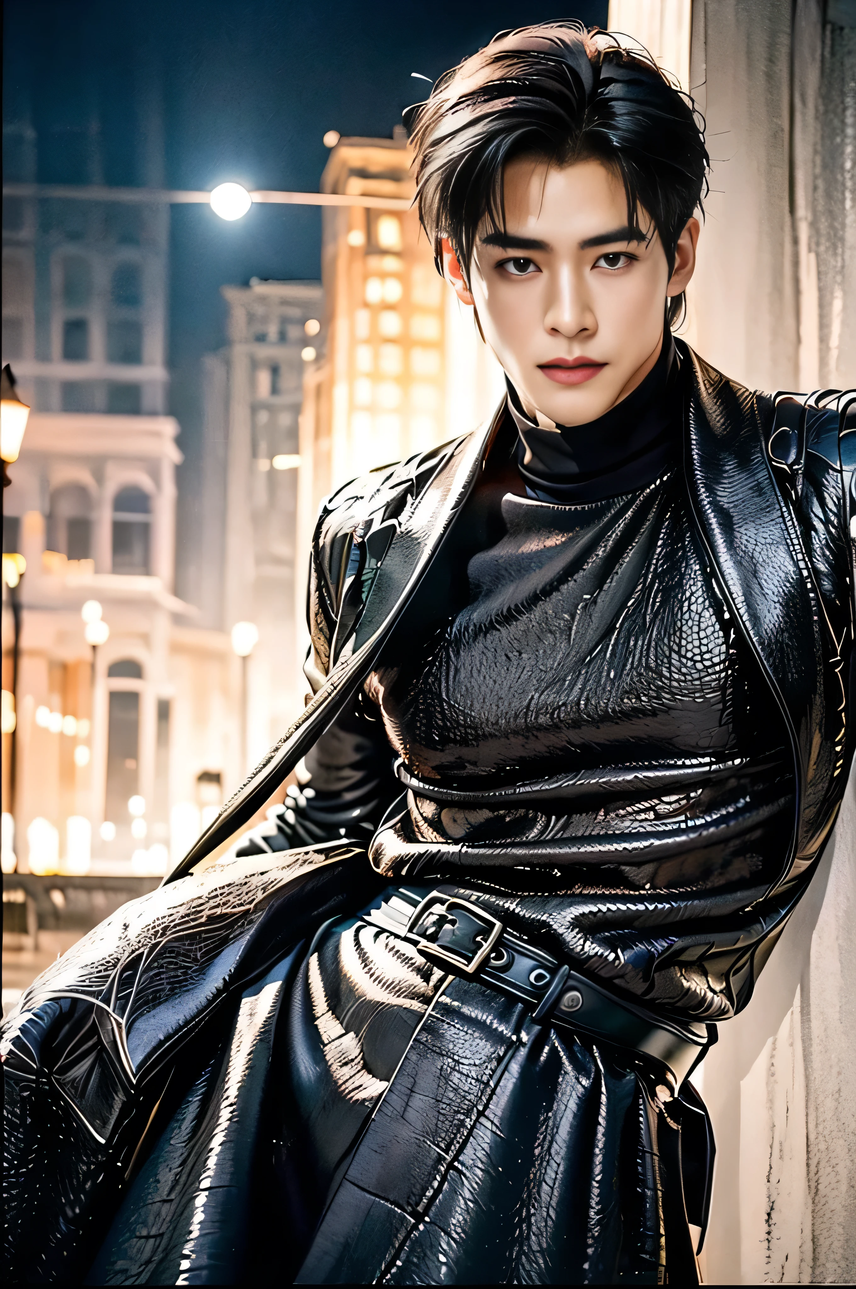 A 21-year-old Asian man, Thick eyebrows, Melon seed face, Handsome face, Men's full body, The background city night street view, Time is night, Deep blue sky, A full moon, his skin is fair, He is slender, the limbs have pronounced muscle lines, high-definition photography, Real-world scenarios, Lots of detail, wearing black leather jacket, black long pants, black turtleneck shirt, ((Medium Wide Shot)), ((short black hair))