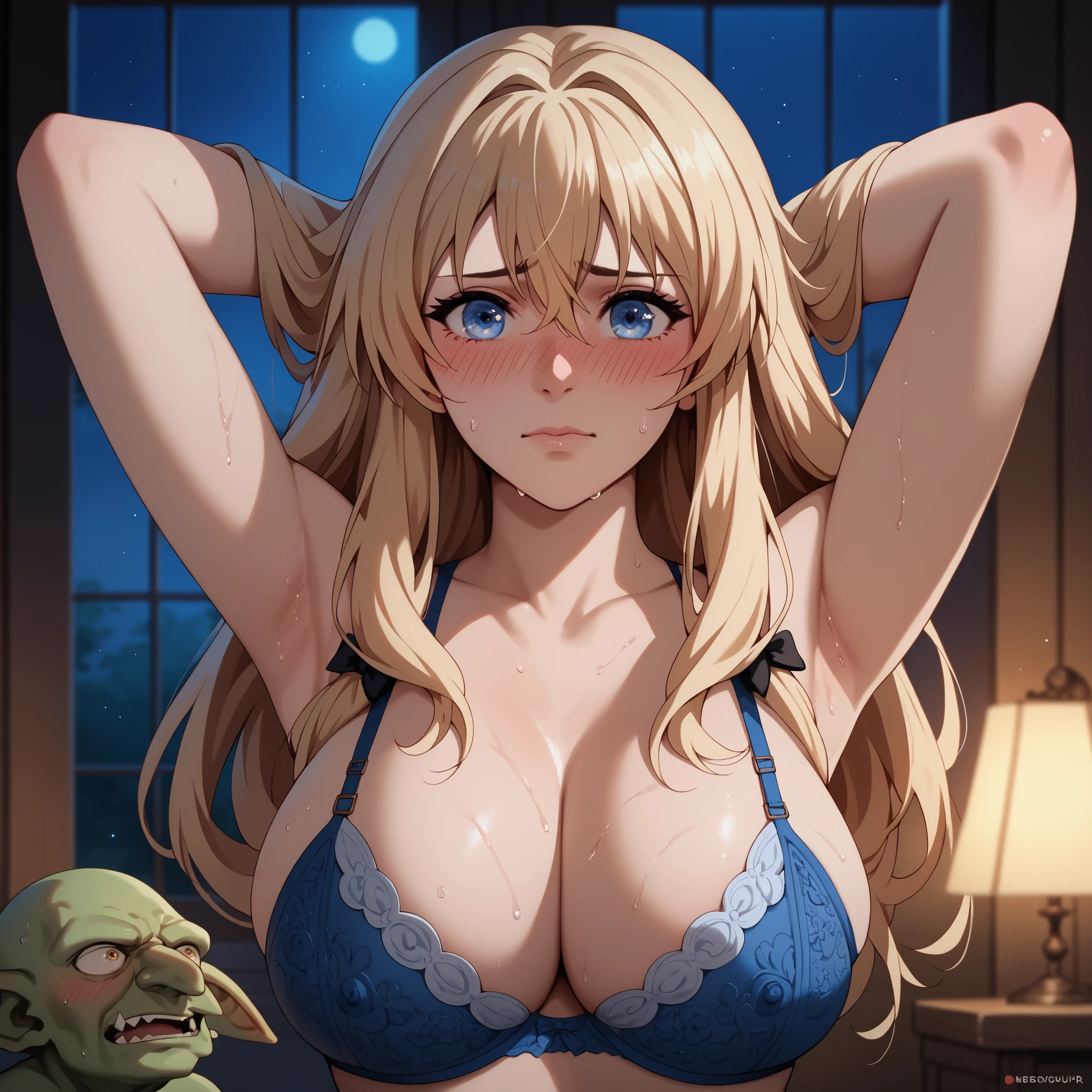 Priestess from Goblin Slayer, 25 years, cabello rubio, Detailed blue eyes, shy and nervous, blushed,, curvilinear with big breasts, detailed blue bra , arms behind the head , blushing , interiors , night. sweaty body. front view