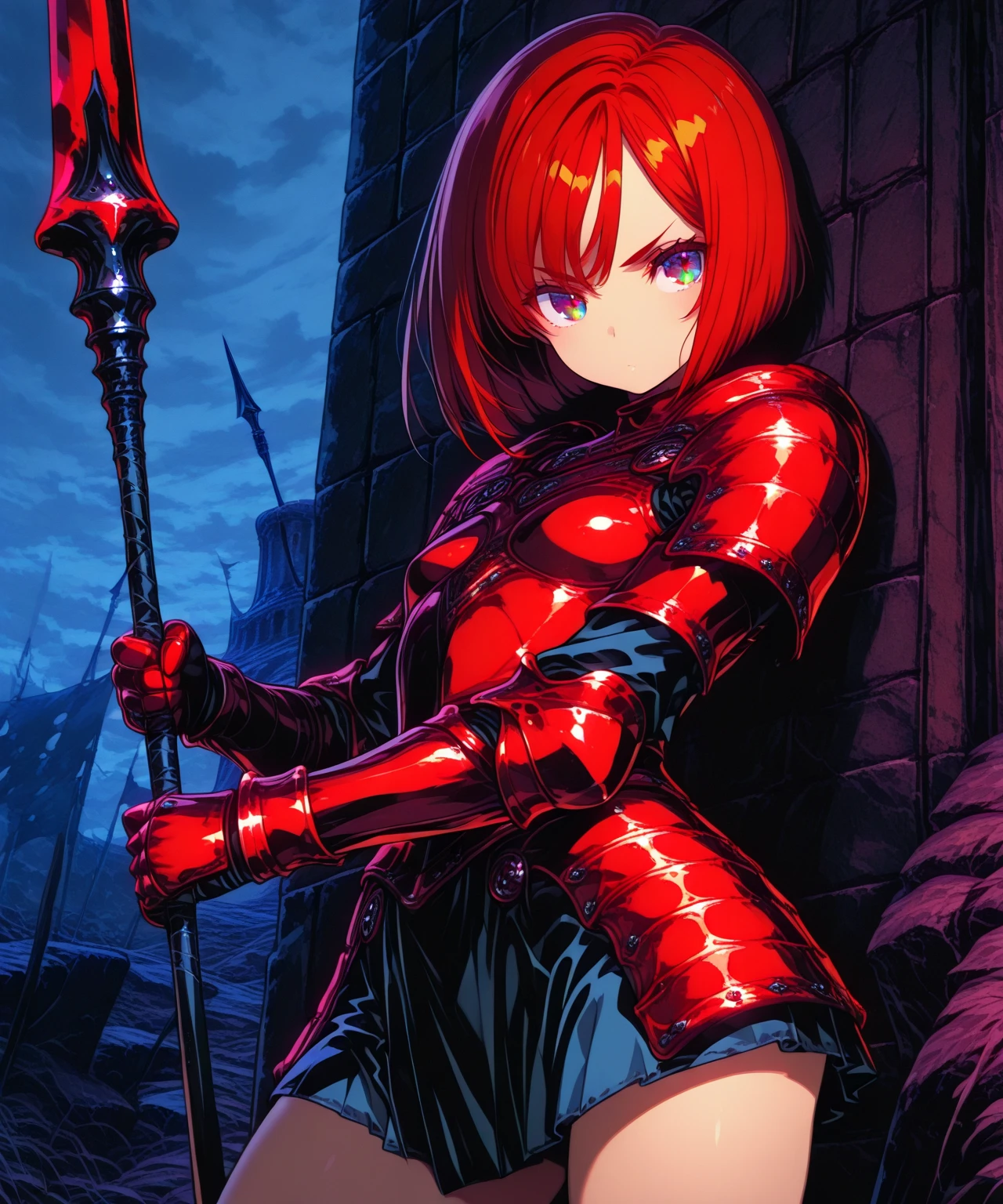 score_9, score_8_up, score_7_up, score_6_up, score_5_up, score_4_up, source_アニメ, young girl, long hair, Bust Cup B , open-chest outfit, Abdominal revealing outfit, narrow waist, fit, Beautiful belly, Guillotine Cross shirt, breastplate, waist armor, Armor, red hair, metal hair accessories, red eyes, Sparkling eyes, sit, taking medicine, His right hand holds a vial of Potions. , Thirsty, Drink Potions Glass Bottle Skull Shaped Clear Glass Crystal Potions Clear Red, light particles, Magical light