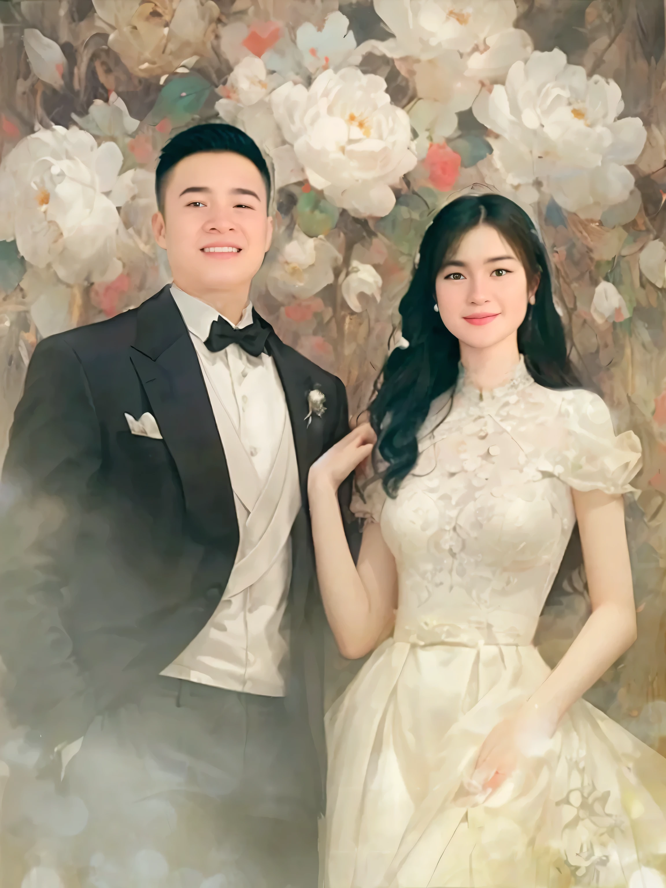 there is a man and woman posing for a picture together, wedding photo, wedding, couple portrait, couples portrait, a colorized photo, ruan jia and fenghua zhong, yee chong, phuoc quan, airbrush digital oil painting, happy couple, phong yintion j - jiang geping, added detail, color studio portrait, colorized photo, couple