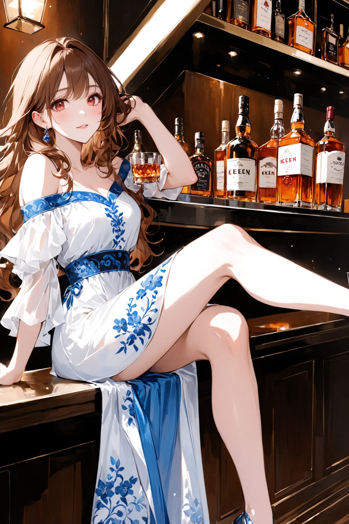 detailed illustration (side view),dynamic angle,ultra-detailed, detailed eyes, detailed face, 1girl, beer bottle, long brown hair, wavy hair, smirk, victorious look, proud look, winning look, blue eyes, detailed eyes, bright eyes, black blouse, cleavage, buttoned blouse, dark red skirt, mini skirt, crossed legs, sitting, couch,