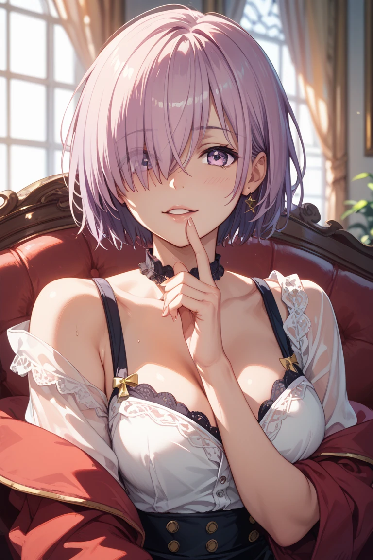 ((masterpiece,Highest quality,超High resolution,High resolution,8K,超High resolution,Beautiful adult woman,Slim and beautiful body,Very large breasts,Bust 120,Upturned chest,Cleavage,(1 person),Picture from the waist up,Light purple hair,Thin eyebrows,Thick eyelashes,(Red eyes),Light in the eyes,(Tree Eyes),Squint your eyes,Hitomi attaches great importance to,(No bangs),Semi-short hair,unkempt,A slightly shy face,(Waitress costume),No bra