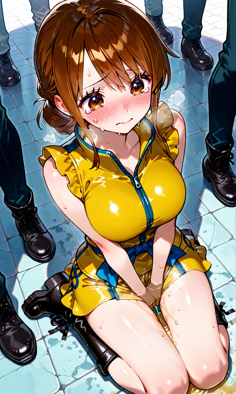 forehead, shoulder-length wavy brown hair ,yellow swimsuit, ,nsfw, glamorous, voluptuous, ,surrounded by many boys, sitting on the floor, cum,bukkake,show penis,empty eyes,leg spread,front ,looking down,pussy,nipple,dynamic angle