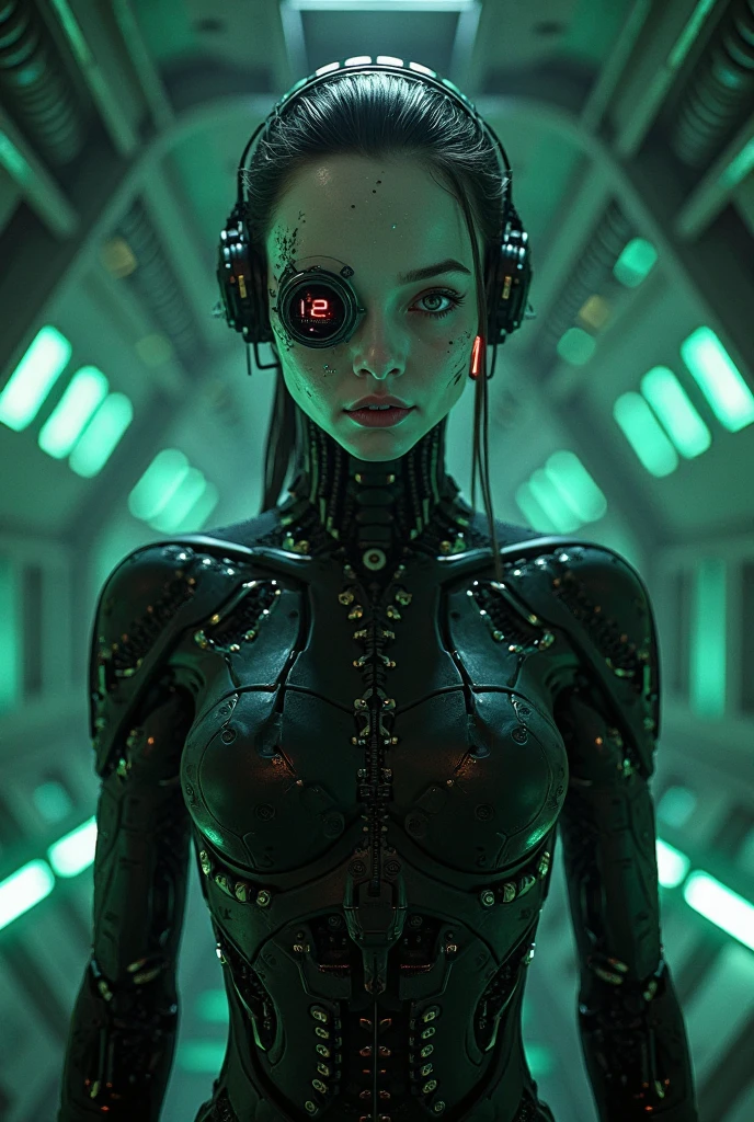 broken cyborg woman, gloweyes, lifeless look, mechanical body and head, wires on the head, higly detailed, Realistic full-length photography, black & Green, 4k