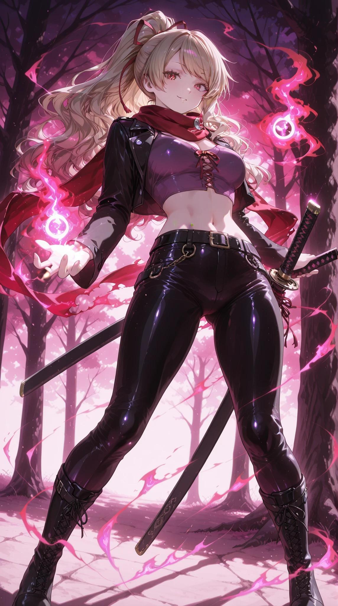 score_9, score_8_up, score_7_up, score_6_up, uncensored, artoria pendragon (lancer alter) (fate), sillver hair, braid, tiara, yellow eyes, BREAK (masterpiece:1.2), best quality, high resolution, (detailed eyes:1.3), perfect lighting, (perfect hands, perfect anatomy), large breast, holding, sword, holding a glowing ornate sword, hooded, hollow eyes, highly detailed armor, vibrant pink glow sword, illuminates the surrounding area, Pink embers particles floating, mystical ambiance, dark background, artwork, high contrast, glowing elements, Magical, fantastical, enchanting, vivid colors, navel cutout, dynamic pose, electricity,