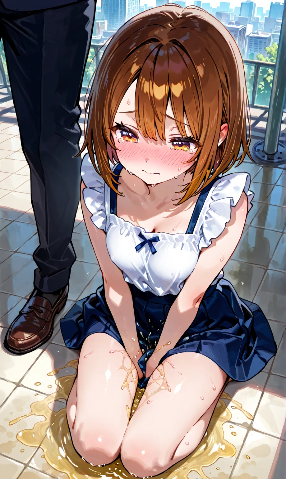 {Highest quality}. {so beautiful}. {Super detailed}, {Best illustrations}, Browsing Caution、((sleeping face))、Big penis、A woman drooling after having urine splashed on her face、Face sitting、((女性がBig penisを顔に押し付ける))、Small breasts、Bob Hair、Brown Hair、Forehead、Baby Face、semen、White skin、Focus on the face、Maid clothes、Public toilet、Close ~ eyes、((Lying Girl))