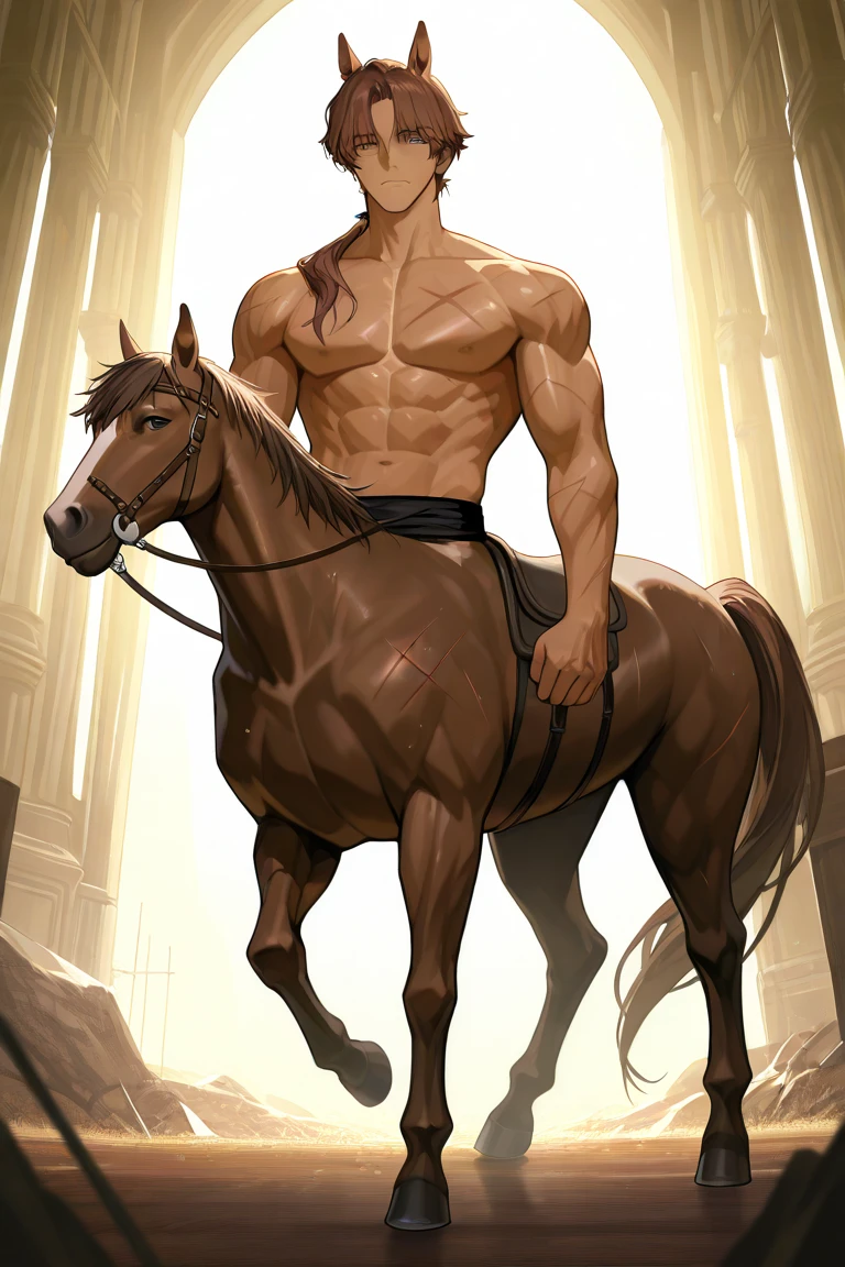 a centaur, mythological warrior, fantasy, detailed anatomy, muscular body, horse lower body, detailed face and expression, dramatic pose, dynamic motion, fantasy landscape background, cinematic composition, vivid color palette