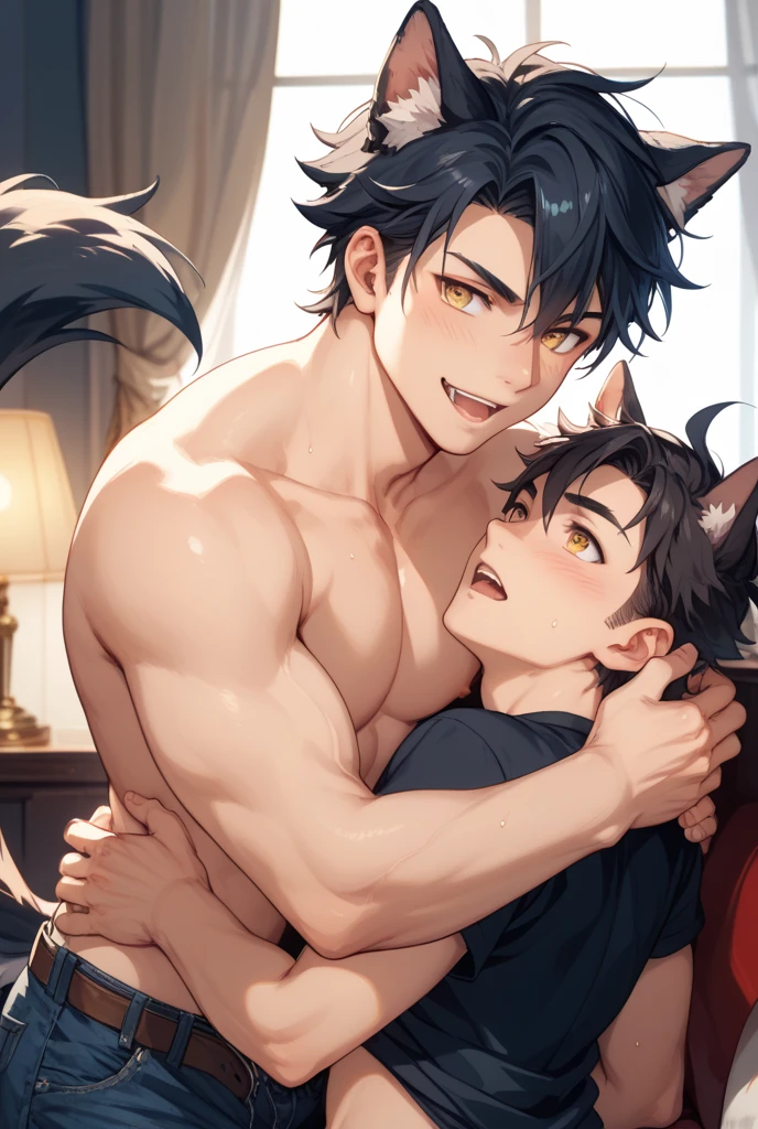Best quality, highly detailed, ultra detailed, 1 light skin boy, bara boi, medium length dark brown hair, brown eyes, vampire fangs, cat ears on top of head, painted black nails, goth, shirtless, black gym shorts, living room, standing, close up