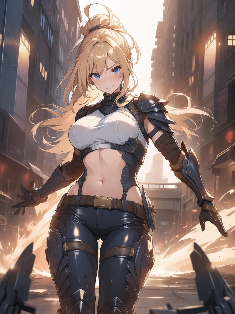 (full body/upright/standing view:1.5). (({beelstarmon})), ((in a futuristic city completely destroyed with flames coming out of the destroyed buildings)). {beelstarmon}: is looking at the viewer, (extremely large breasts:1.5), doing exhibitionist/non-tilting/unseated poses, holding a long black rifle., Hyperrealism, anime, 16k, UHD, masterpiece, best quality, high details