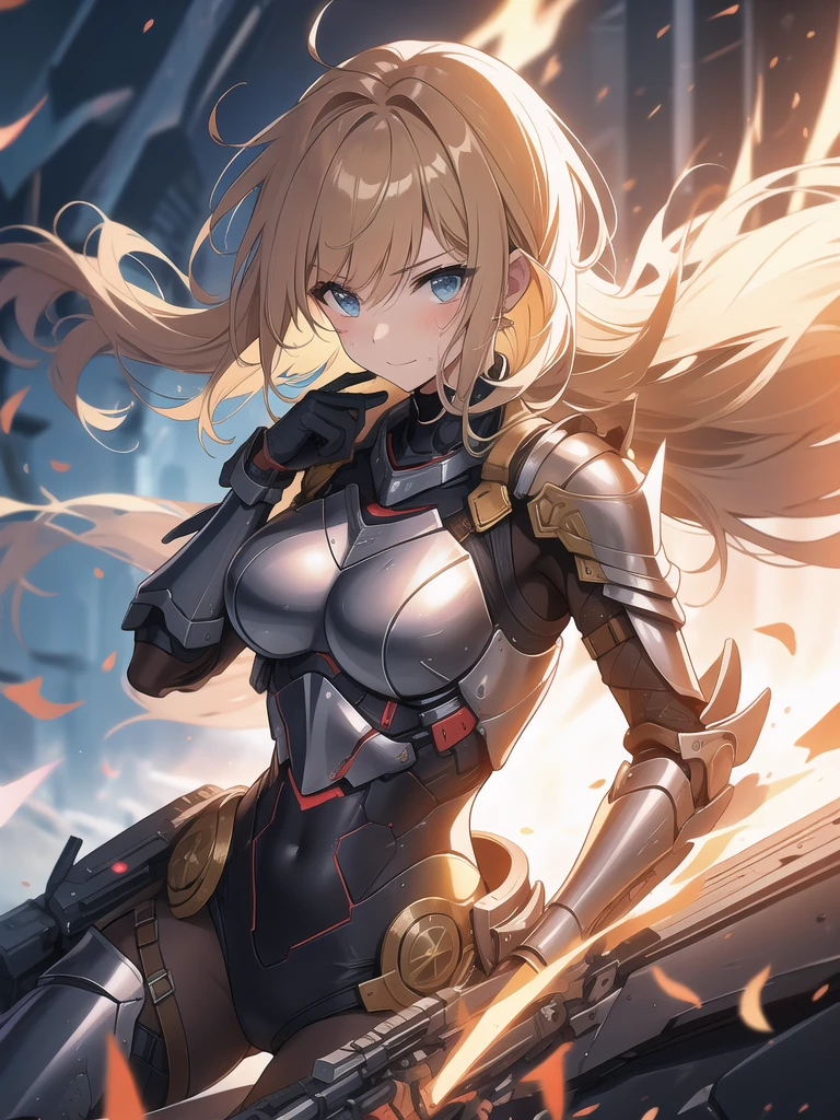 Blonde beauty，Short ponytail，Chest，cleavage，black tights，Black sci-fi armor，Long skirt，cross sword，maze(masterpiece, best quality, high quality, High resolution, Extremely detailed),