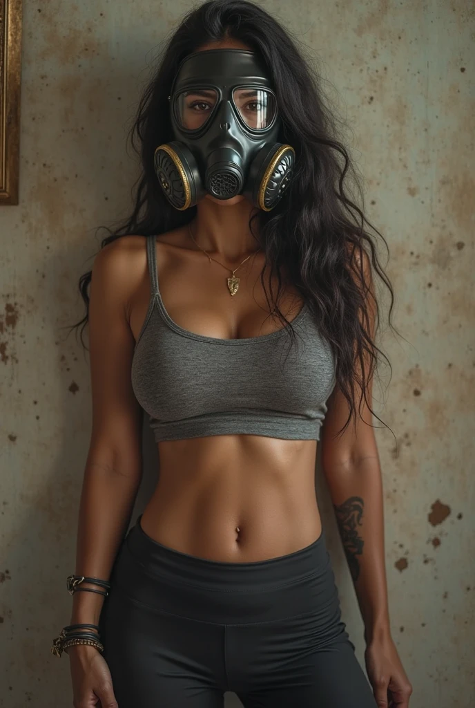 (beautiful 16 year old Emily Sears, lightly tanned,, long flowing, wavy blonde hair, skinny belly, athletic) (very big cleavage) (hands holding breasts, fingers dug into flesh, gripping) (sitting on a desk in an old damp classroom) (wearing a black gas mask) (sweat running down skin in rivulets)