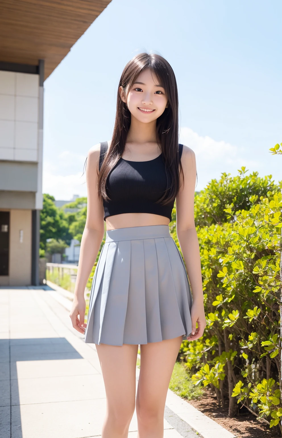 8k,masterpiece,Japanese,8 Year Old,from the front,Innocent face,Calm Eyes,Childish,Tank top,Short sleeve,Short skirt,semi-long,noon,bright,By the side of a fresh green tree,one summer day