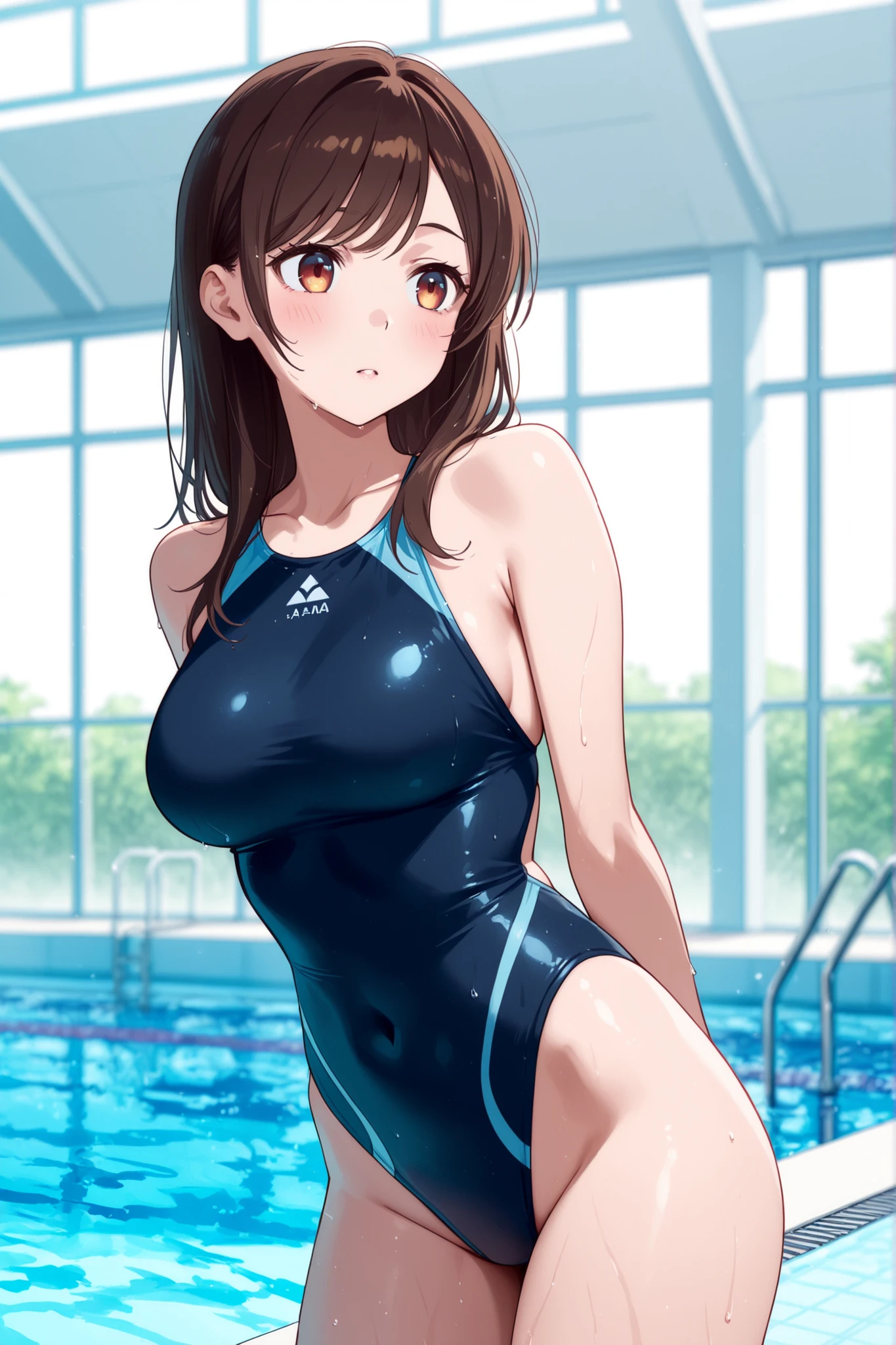 Came out of the pool、A Japanese woman with short brown hair was wearing a high-leg swimsuit