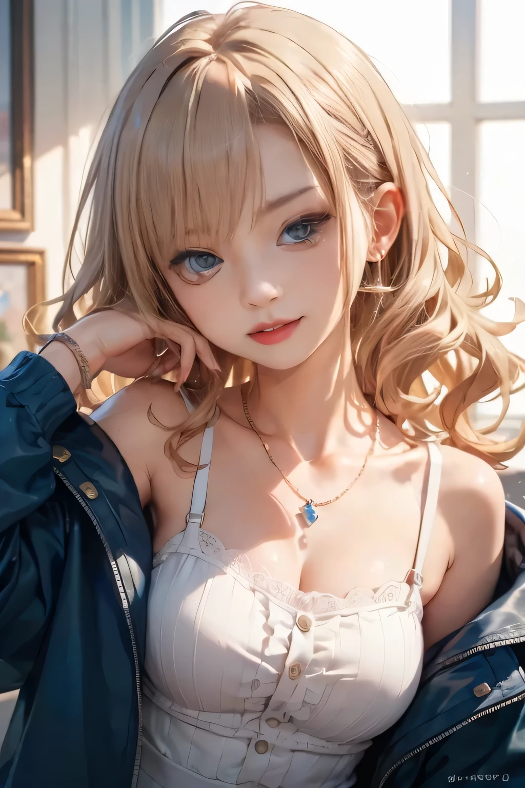 (masutepiece: 1.3), (max resolution: 1.2), (Ultra HDTV: 1.2), cinematric light, 8K resolution, Detailed eyes and skin, detailed facial features, Perfect limbs, Perfect fingers, Anatomically accurate body, Fingers in natural shape, Realistic texture, (Focus on the whole body:1.2), Perfect Style, (Beautiful face, kawaii eyes, Beautiful eyes like jewels), acurate, Anatomically correct, Highly detailed facial and skin texture, Detailed eyes, Double eyelids, Thin eyebrows, Glitter Eyeliner, Natural cheeks, Glossy skin, Fair skin:1.2, (Glossy lips: 1.2), Looking at the camera,  (#Slim waist), (cleavage of the breast, Firm chest, huge udder:1.3), (White shirt, Navy blue jacket, short little floral skirt:1.3), (thigh visible), (lean forward and look at you:1.3), little blonde hair, ash colored hair,