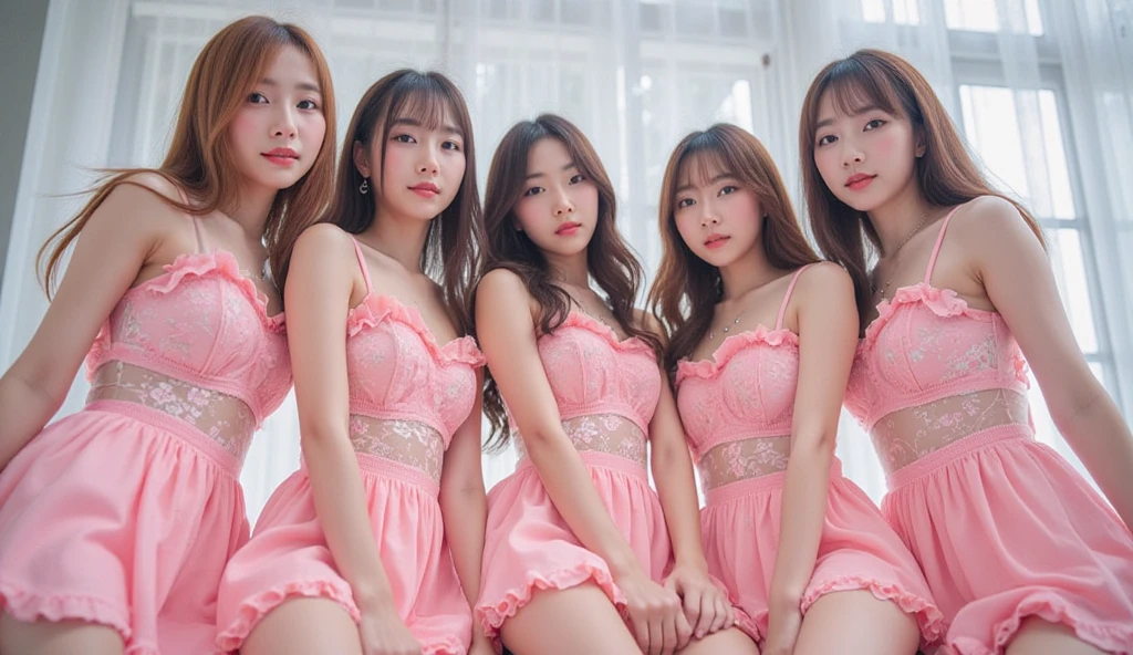 a beautiful of 5 women in colorful transparent lingerie, stylish and smiling, taking photos together on a light room, long hair with bangs, photorealistic, 8k, high quality, detailed, vibrant colors, natural lighting, cinematic
