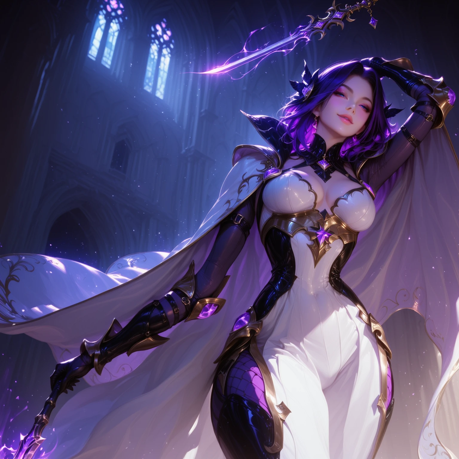 ((best quality)) , ((masterpiece)) , (detailed),A figure in a vibrant, fantasy-inspired outfit with intricate designs and accessories. A dark, mysterious setting with glowing purple lights and ethereal elements. Predominantly purple and gold with hints of blue and green, creating an enchanting atmosphere. Digital art with a detailed, immersive feel.