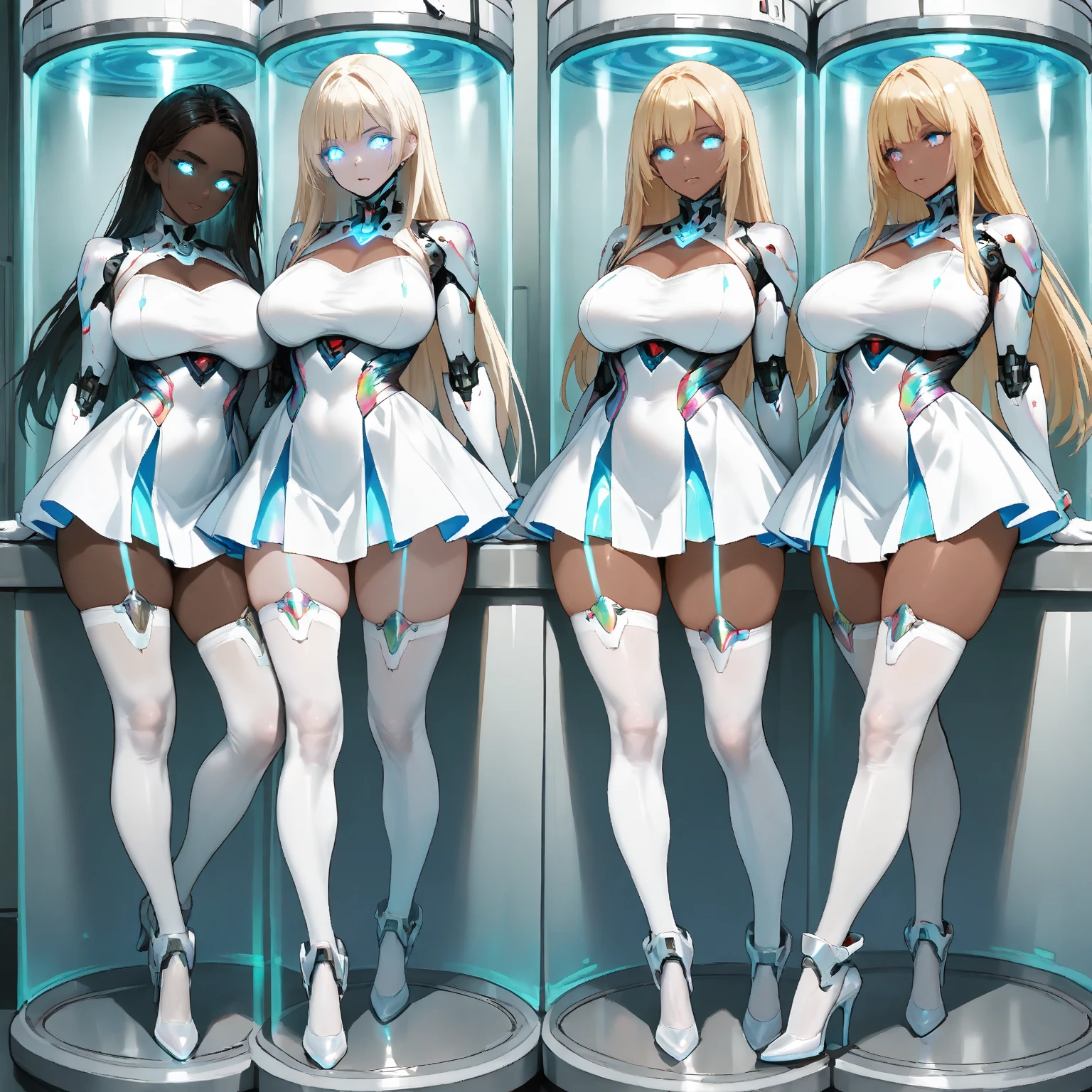 Women transformed into robots, Masterpiece, Full Body Shot, Multipose, All of their faces are beautiful human faces., Everyone looks the same except for their faces々The internal skeleton is visible in various colors., All of them have different sizes and shapes of tops and bottoms., Everyone has a different height and body shape, They all have different hairstyles and hair colors,