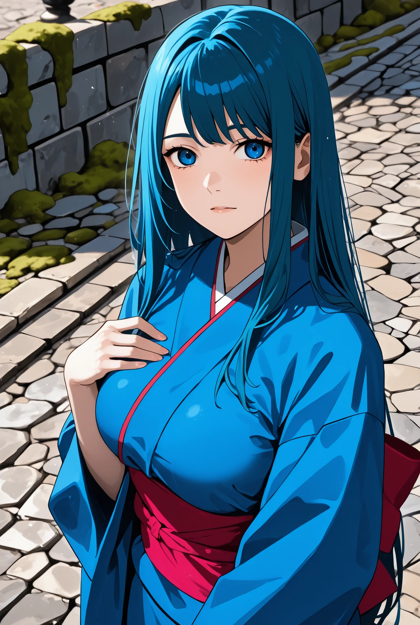 ((Stomp Over、Killing Woman:1.mall beautiful breasts Pretty Colored Blue Kimono Outdoors moss Cobblestone