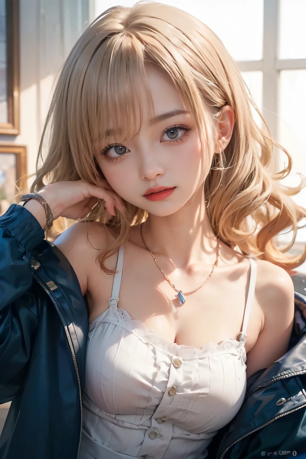 ((Highest quality、masterpiece、High resolution))、(((Zoom photo of upper body))、(A shy smile:1.2)、Light shines in、15-year-old female、Beautiful Skin、Beautiful Eyes、Cat Ear Headband、one piece、Blonde
