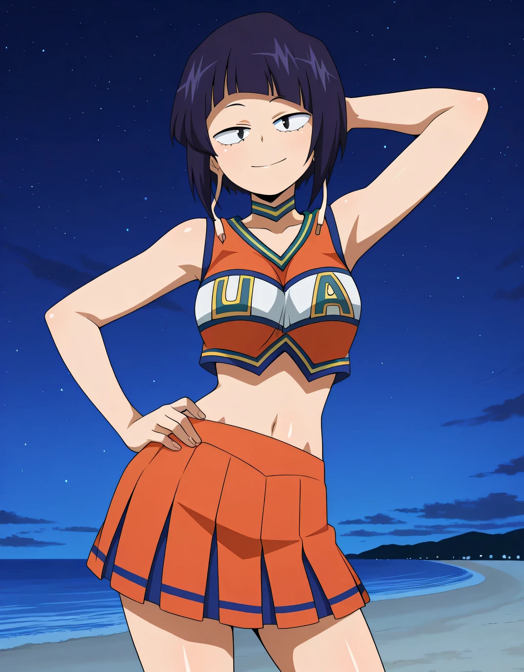 illujiro, short hair, bangs, long earlobes, purple hair, black hair, black eyes,
u.a. cheerleader uniform, orange crop top, orange pleated skirt, orange choker, midriff, anime screencap, shiny skin, high quality, solo, night sky, beach, hand behind head, hand on hip, ((contrapposto)), closed mouth, cowboy shot, looking at viewer, smile, best quality