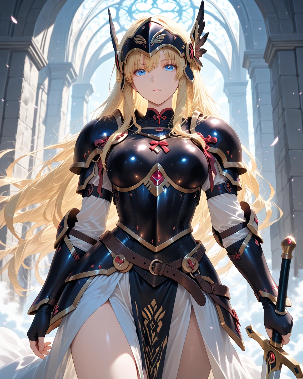 woman, long hair, blonde hair, blue eyes, wears armor, underneath the armor she wears pants that go down to the armor on her legs, and on her legs, armor goes up to her waist, on the arms She only wears bracelets, a tiara with two angel wings, a white dress with blue outlines, the setting is a starry sky.
