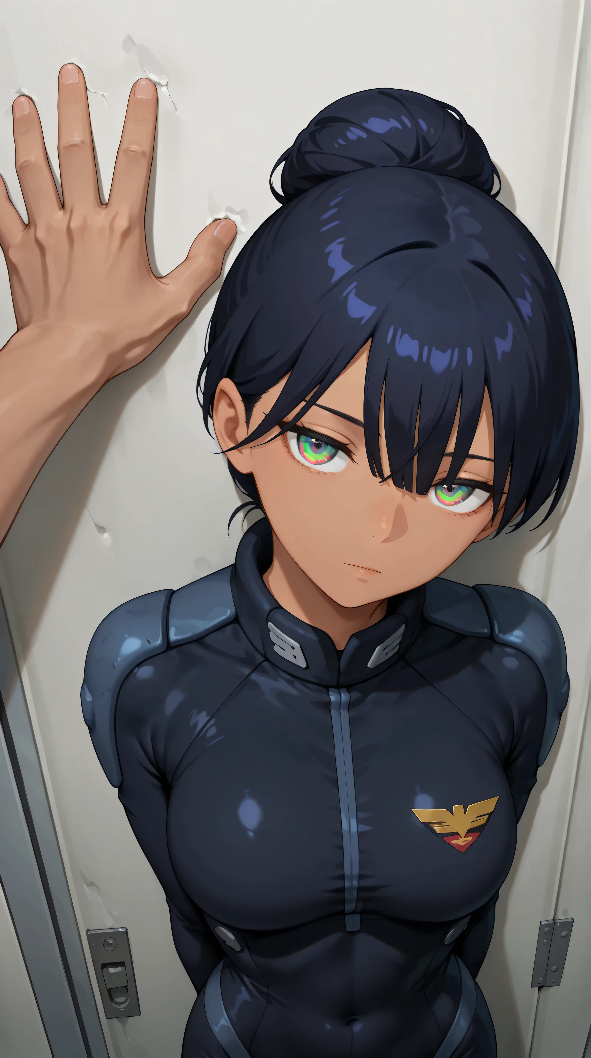 nyaan \(gundam gquuuuuux\),tan,anime,(1boy,Zeon soldier,from above,pov hand on wall,povkabedon,solo focus),breasts press,(cowboy shot,upper body,close-up),1girl,Nyaan,dark skin female,expressionless,arms behind back,nyaan,slender,hair between eyes, bangs, blunt bangs, deep blue hair,multicolored eyes,black Zeon pilot suit,masterpiece,best quality,amazing quality,very aesthetic,absurdres,in locker,white background,breasts,head tilt,single hair bun,