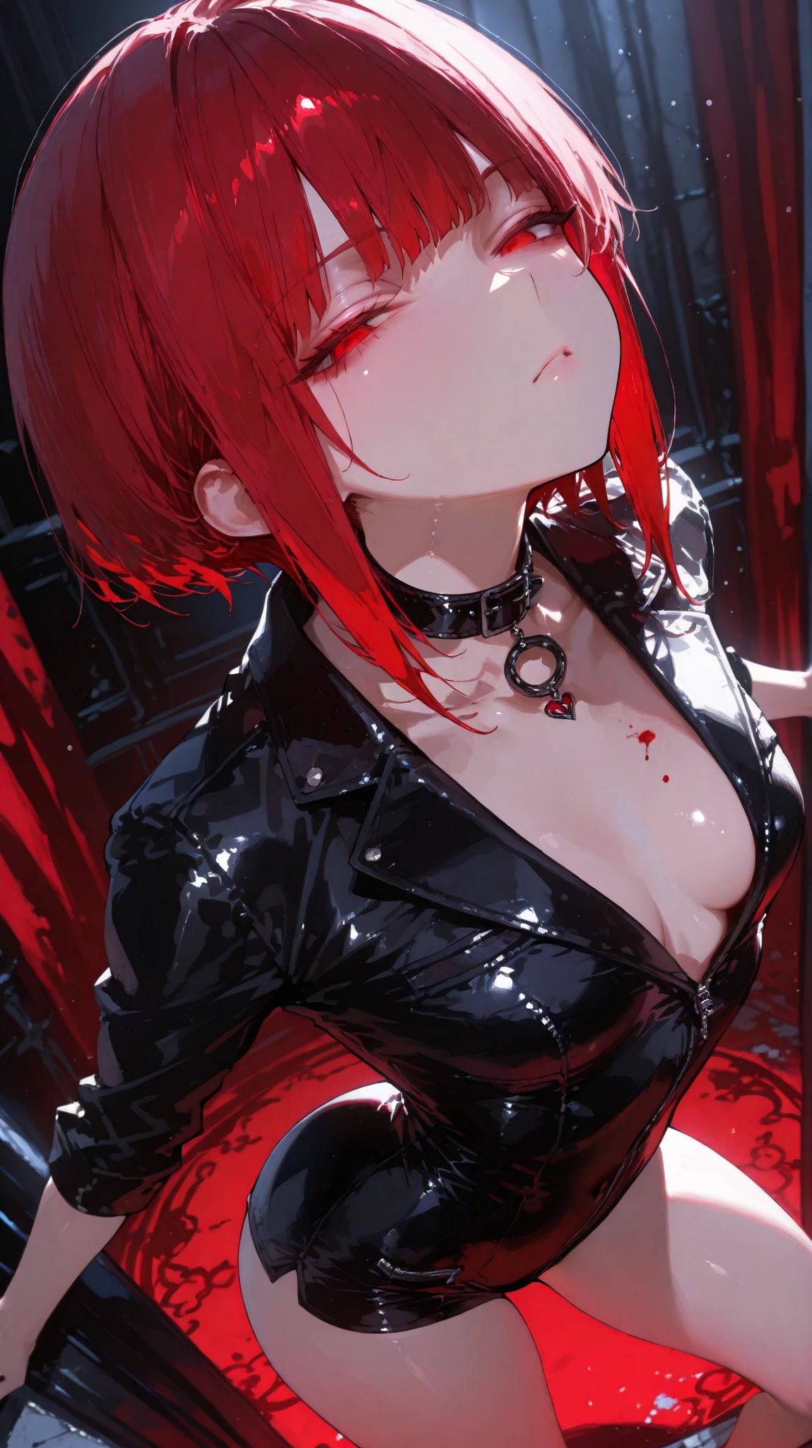 cyber punk woman, with chain jewelry, black and red hair