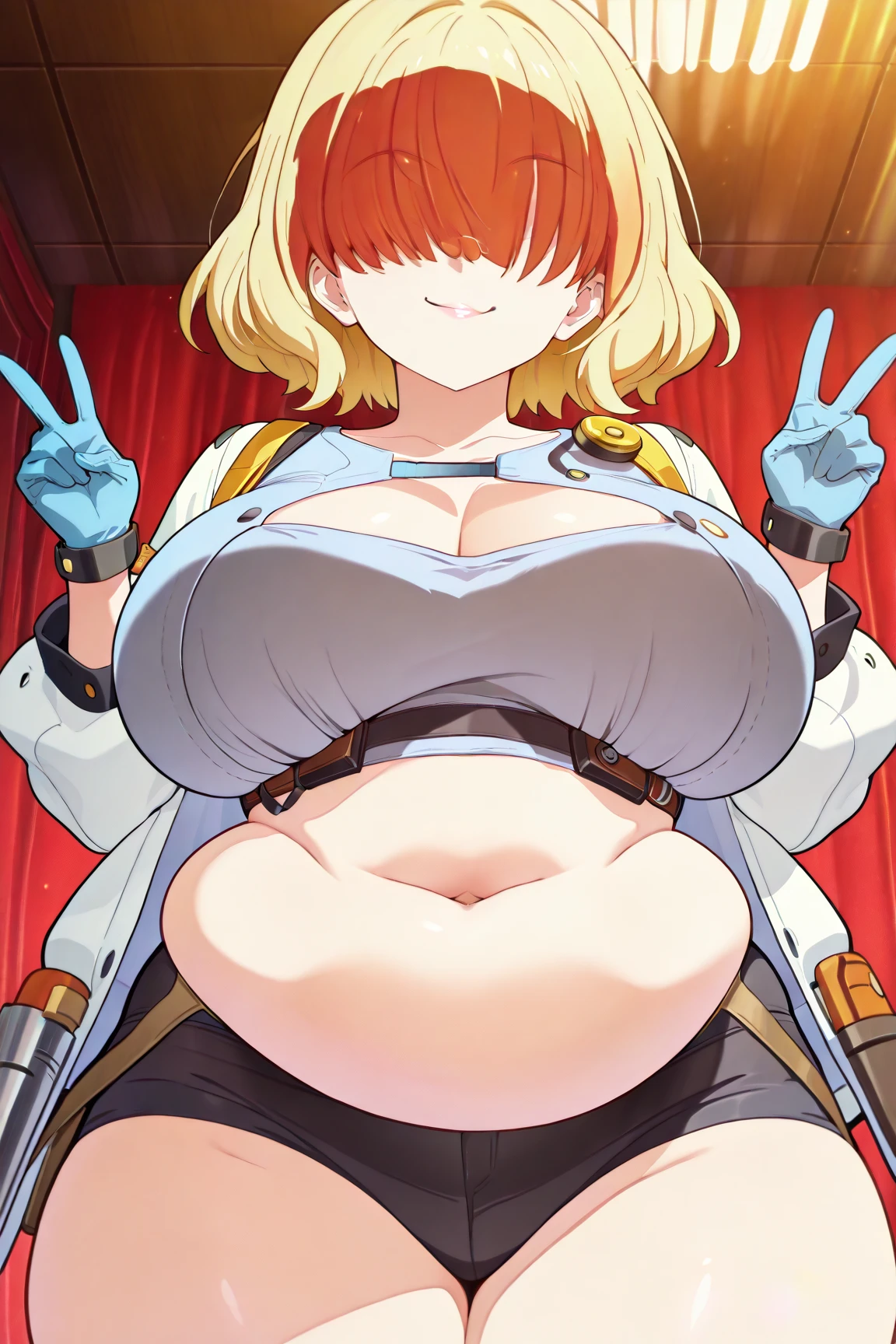 amicia michella - nijisanji, 1girl, (((bimbo))), brown short hair, yellow inner hair, wavy hair, green eyes, (((bimbo))), thin lips, painted lips, shy smile face, wide hips, thick thighs, huge round ass, pregnant belly, big belly, enormous natural breasts, shiny oily breasts, bunny ears ornament, black bunny suit, high-neck collar, bow tie, full body, night club, nsfw