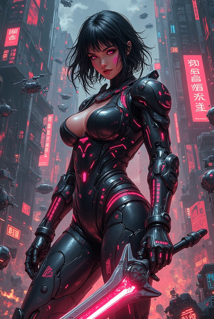 1 beautiful female, heavy metal , bobcut, fututristic, city street, assassin, circuitry