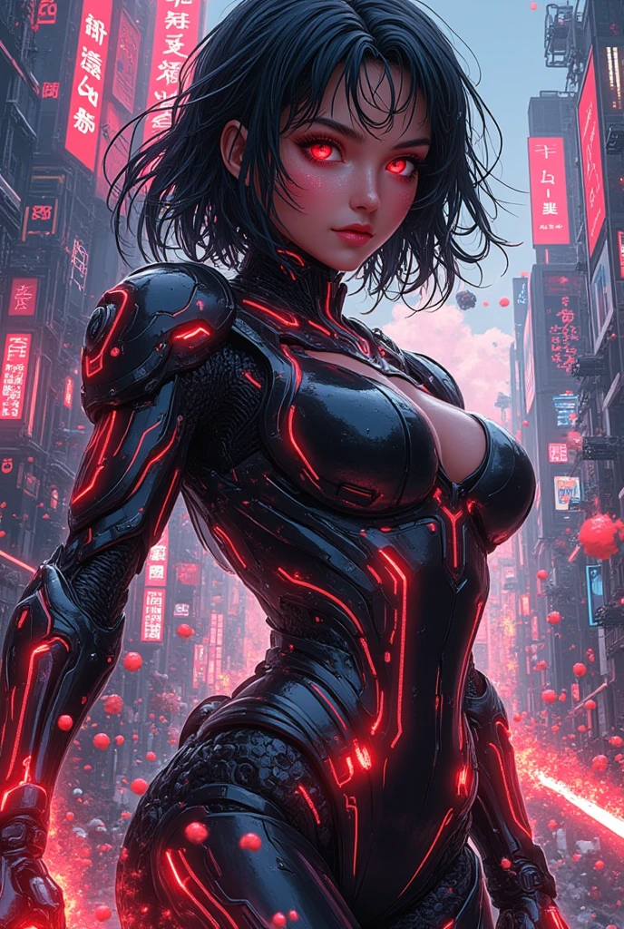 A beautiful cyborg on a big city, young woman, iridescent black hair, amber eyes, long legs, red suit, science fiction, full length, detailed eyes, hyperdetailed face, complex, symmetrical face, sharp focus, perfect, model, textured, looking into the camera, science fiction, chiaroscuro, professional make-up, realistic, rough, gritty, figure in frame, (cartoon:0.5), (dynamic pose:1.2)