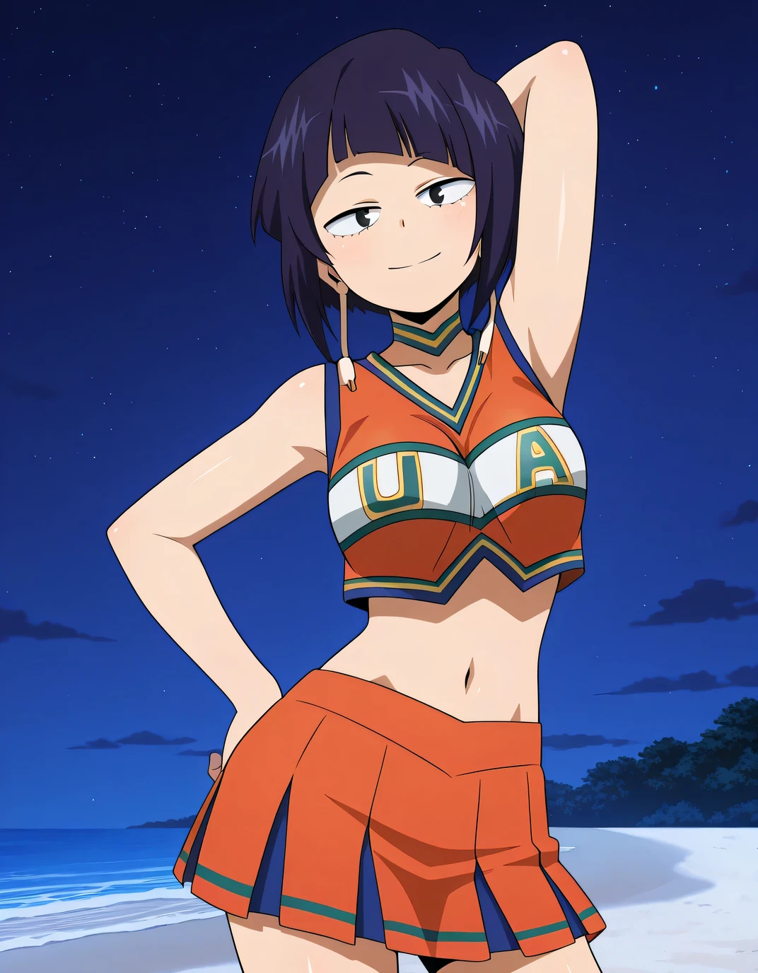 illujiro, short hair, bangs, long earlobes, purple hair, black hair, black eyes,
u.a. cheerleader uniform, orange crop top, orange pleated skirt, orange choker, midriff, anime screencap, shiny skin, high quality, solo, night sky, beach, hand behind head, hand on hip, ((contrapposto)), closed mouth, cowboy shot, looking at viewer, smile, best quality