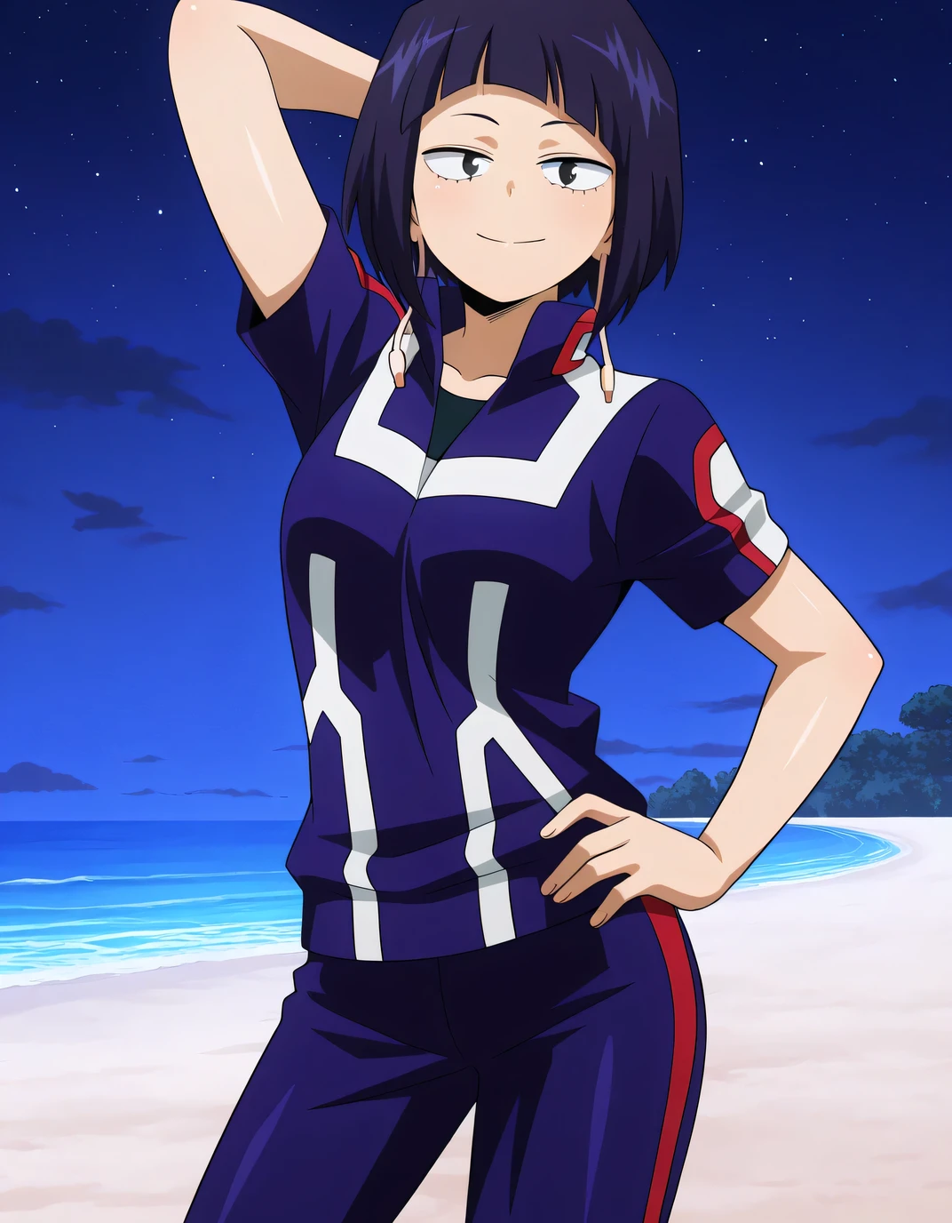 illujiro, short hair, bangs, long earlobes, purple hair, black hair, black eyes,
(u.a. gym uniform:1.5), short sleeves, pants, anime screencap, shiny skin, high quality, solo, night sky, beach, hand behind head, hand on hip, ((contrapposto)), closed mouth, cowboy shot, looking at viewer, smile, best quality