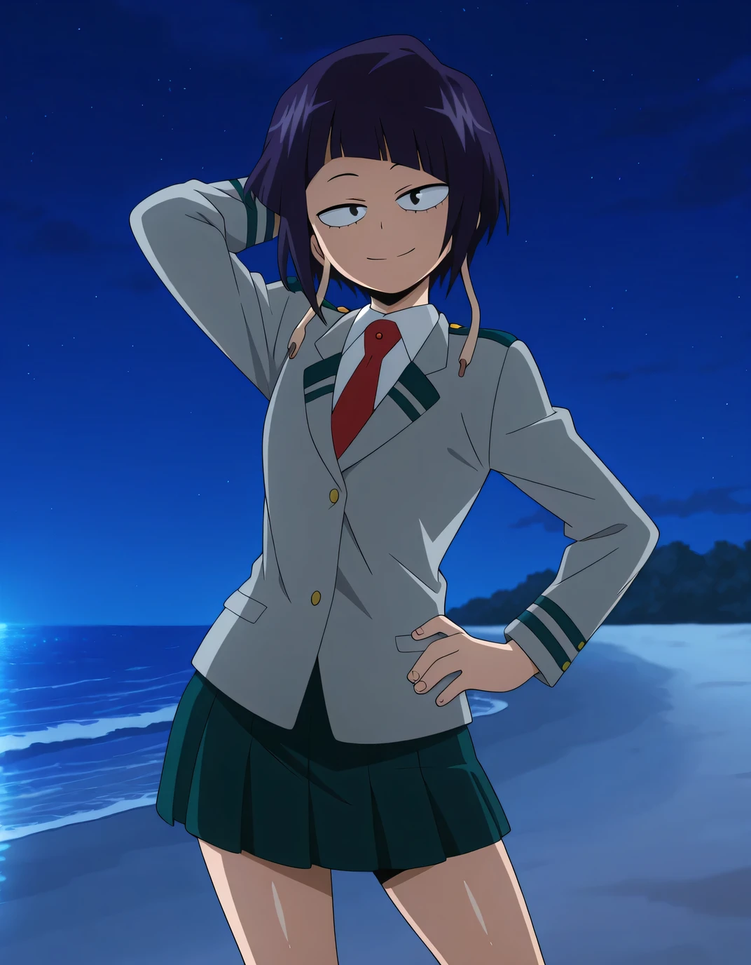 illujiro, short hair, bangs, long earlobes, purple hair, black hair, black eyes,
u.a. school uniform, red necktie, jacket, pleated skirt, anime screencap, shiny skin, high quality, solo, night sky, beach, hand behind head, hand on hip, ((contrapposto)), closed mouth, cowboy shot, looking at viewer, smile, best quality