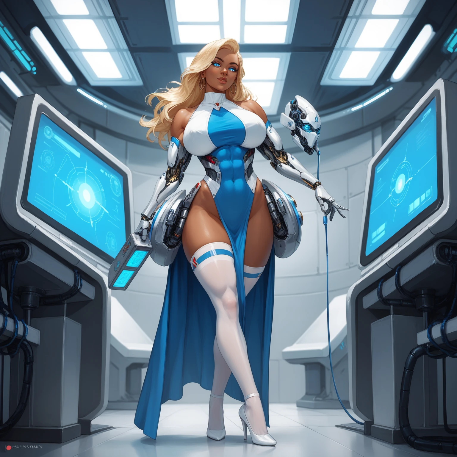 complex 3d render ultra detailed of a beautiful porcelain profile woman android face, and a man android standing above, muscular android man, cyborg, robotic parts, 150 mm, beautiful studio soft light, rim light, vibrant details, luxurious cyberpunk, lace, ((glowing blue eyes:1.5)), hyperrealistic, anatomical, facial muscles, cable electric wires, microchip, elegant, beautiful background, octane render, H. R. Giger style, 8k, best quality, masterpiece, illustration, an extremely delicate and beautiful, extremely detailed ,CG ,unity ,wallpaper, (realistic, photo-realistic:1.37),Amazing, finely detail, masterpiece,best quality,official art, extremely detailed CG unity 8k wallpaper, absurdres, incredibly absurdres,  robot, silver halmet, full body