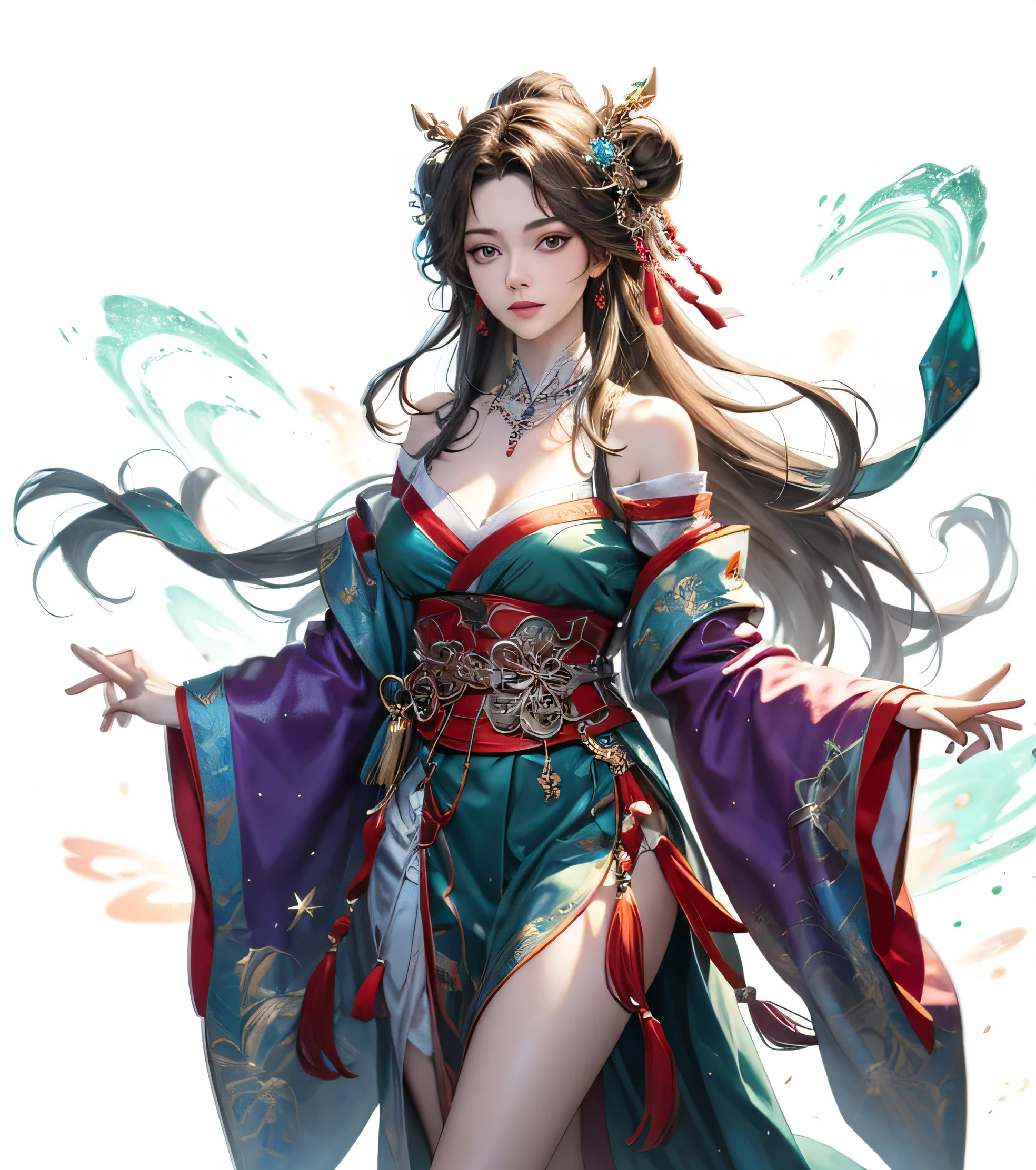 (Masterpiece:1.5, Highest Quality, Very detailed、 Hook of Holland、semi-realistic、fantasy)(A girl, unique)(Hair Bun,straight hair)(Wearing Hanfu, Copyright Fees、purple Hanfu:1.5,Small amount of fabric,long sleeve)、((Off Shoulder、plump boobs, beautiful、 Emerald Necklaces ))(front),(beautiful星空、 Mysterious Night 、light particles flutter around the woman、Magical space)