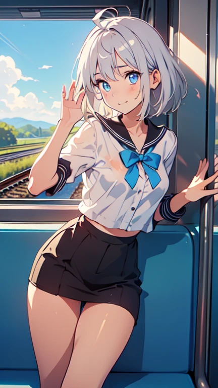 high quality、8K Ultra HD、Shortcuts、Gray Hair、14 years old, normal build、Height: 150cm、The expression is a smiling face with eyes closed.、Erotic imagination、H Uniform、
The place is on the train、Masturbating through underwear、Vigorous masturbation