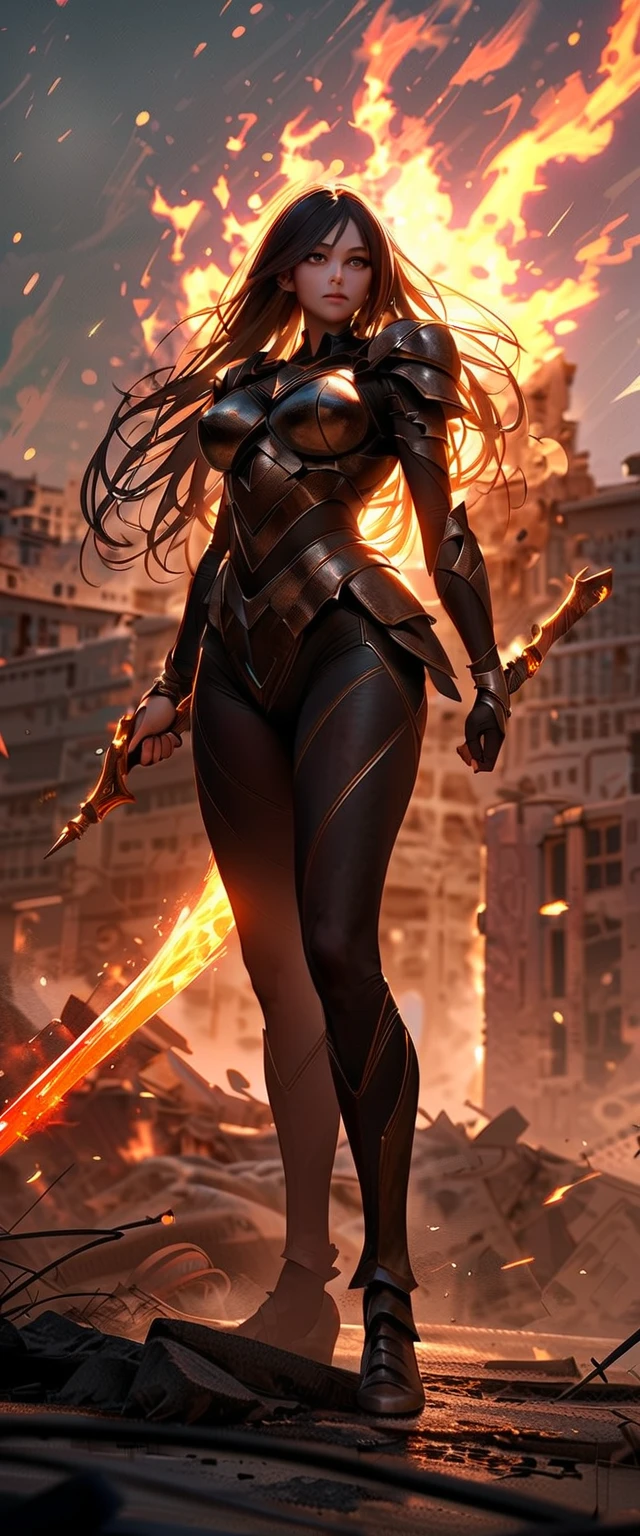 focus on torso and face, pokemondendra, black hair, brown eyes, scar,<lora:pokemon_dendra-10:0.8>, <lora:blackgold-000008:0.8>, hell scene, scorched earth, crumbling ruins, fire, City Lights, <lora:epiC35mm:1> ,epiC35mm