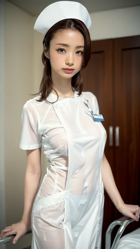 Transparent nurse uniform、Transparent nipples、Leaning forward、hospital