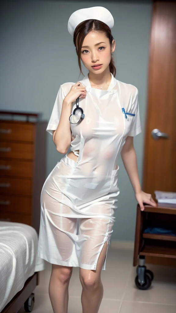 Nurse Arakfi in transparent clothing holds a nurse's stethoscope, close - fitting nurse costume, smooth white tight clothes suit, nurse costume, Translucent white skin, intriguing outfit, Nurse, Smooth translucent white skin, Open V chest clothes, Translucent body, nurse girl, Nurse leather set, Translucent dress, 2263539546]
