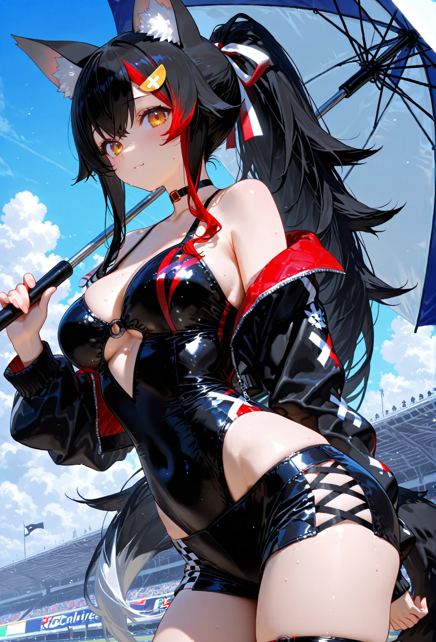 score_9, score_8_up, score_7_up, score_6_up, score_5_up, score_4_up,(Black Hair),(orange hidden highlights),(Red eyes),Gentle expression,(((Hair on one eye))),very big breasts,Erect nipples,Micro Bikini,Underboob,latex,open front,boots