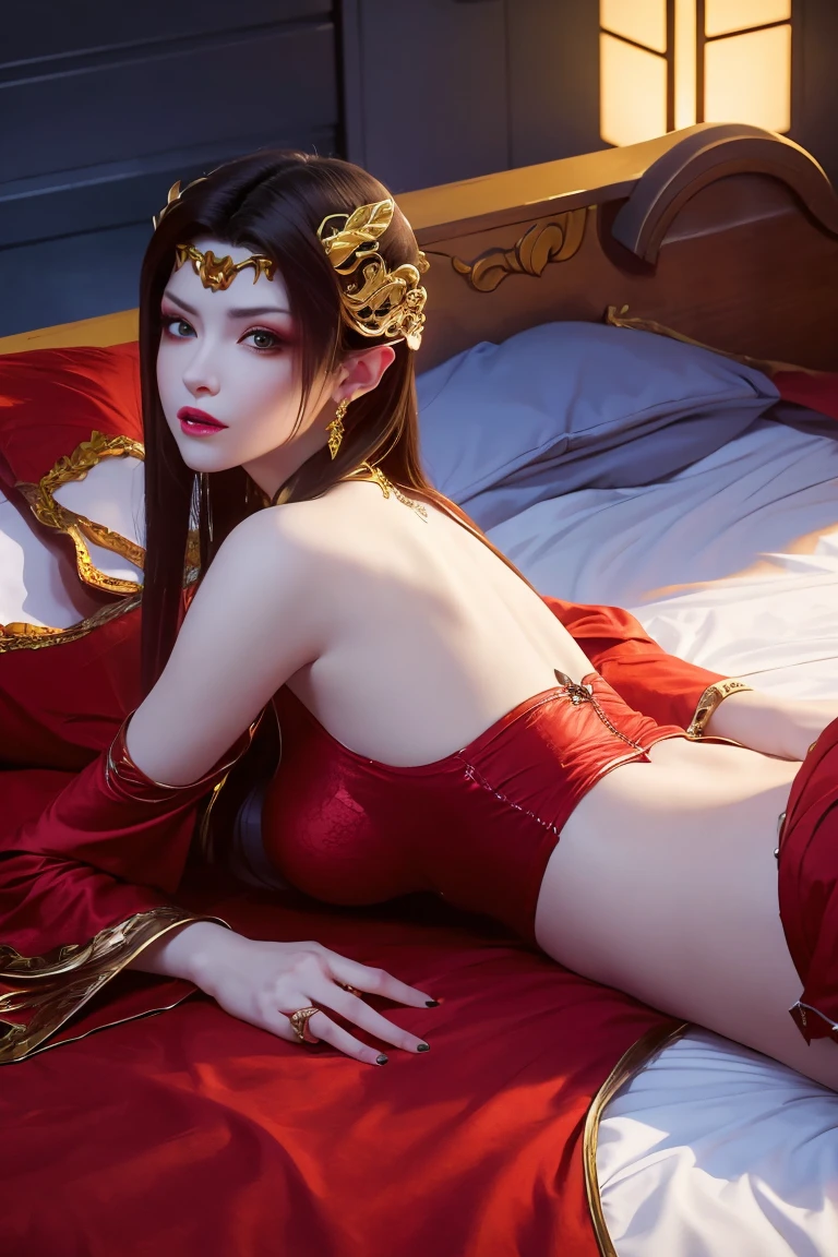 Create an image of Yang Guifei, the famous Chinese imperial consort, in an intimate and sensual setting. She should be depicted in elegant and luxurious traditional Chinese undergarments, featuring intricate silk designs with delicate lace and embroidery. Her long black hair flows gracefully, contrasting with the soft fabric of her attire. Yang Guifei is reclining on a sumptuous chaise lounge, surrounded by opulent elements such as silk drapes, ornate screens, and delicate flower arrangements. The background should evoke a sense of serene luxury, with soft, warm lighting that enhances her beauty and creates an intimate atmosphere.(((Red hair)))、(((In underwear)))、(((Leg spread)))
