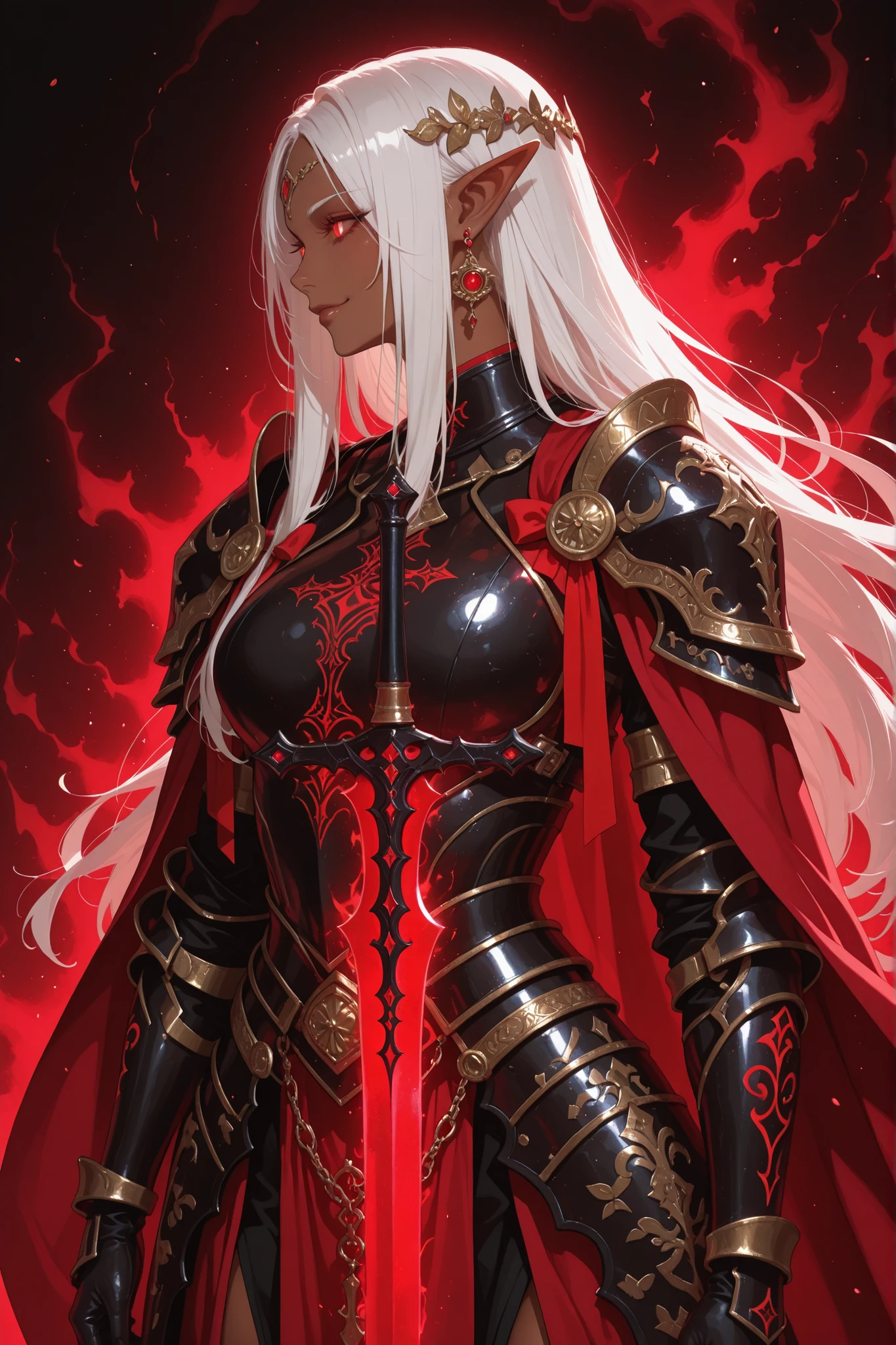 Masterpiece, best quality, amazing quality, delicate illustration, latest work, very aesthetic, sharp focus, subjective
BREAK Elma, a commanding dark elf villainess warrior with brown skin, long white hair adorned with a red ribbon, and sharp red eyes glowing intensely. Her shining armor is intricately carved with gold embellishments, and she holds a radiant red sword with a villainous smile, exuding a powerful golden aura. cinematic composition.A dark elf villainess warrior clad in shining armor stands with her sword drawn. She has brown skin, bangs, and a red ribbon in her hair; her long white hair flows in the wind, and her red eyes shine sharply. With glowing eyes and a villainous smile, her armor features delicate carvings and gold embellishments, and she wears earrings and battle attire. She holds a glowing red sword, exuding an aura of strength. Anime style, high definition. .Red aura, Looking to the side, profile, cowboy shot