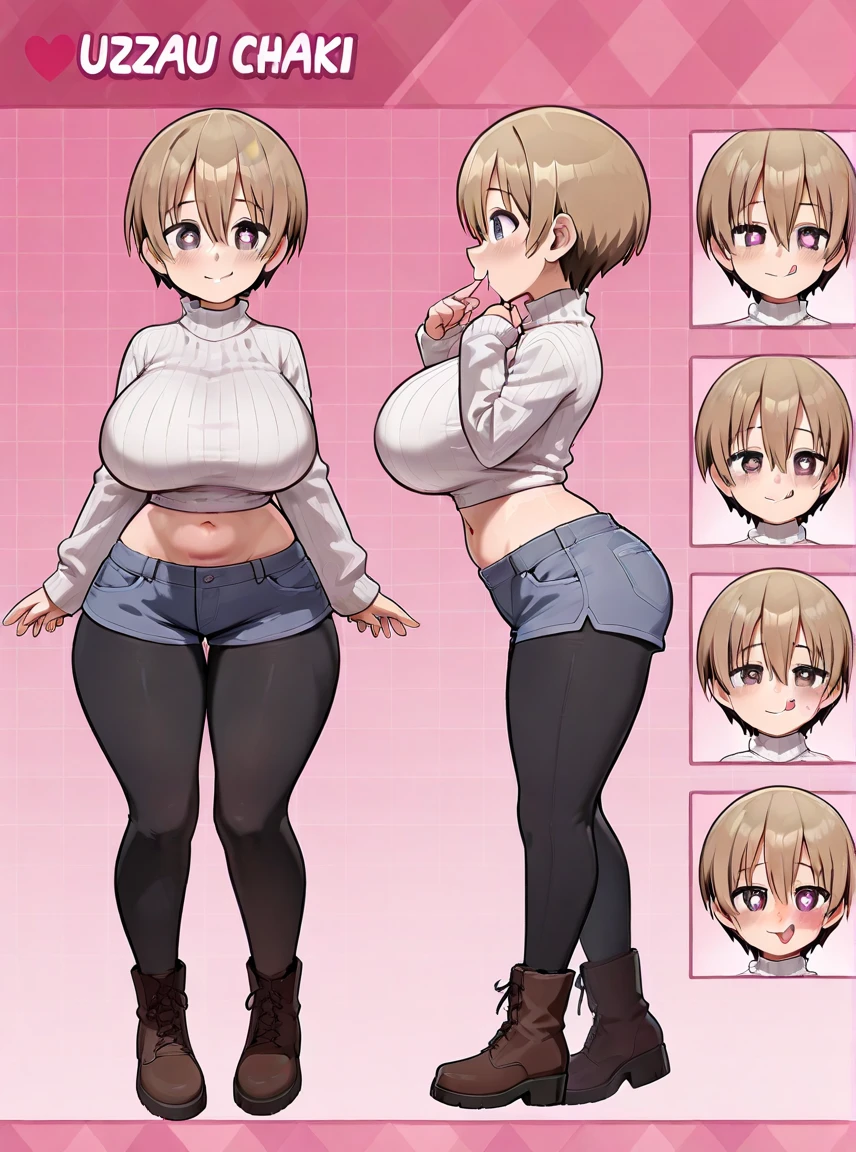 1girl She is depicted with short, light-blonde hair and is wearing a fitted purple turtleneck shirt that emphasizes her bust. Her outfit includes high-waisted blue jeans that highlight her curvy figure. The character has a casual yet suggestive pose, with one hand in her pocket and the other holding what appears to be a small pink item, possibly a condom, with a heart symbol next to it, indicating affection or flirtation. She has a confident thick Ass view