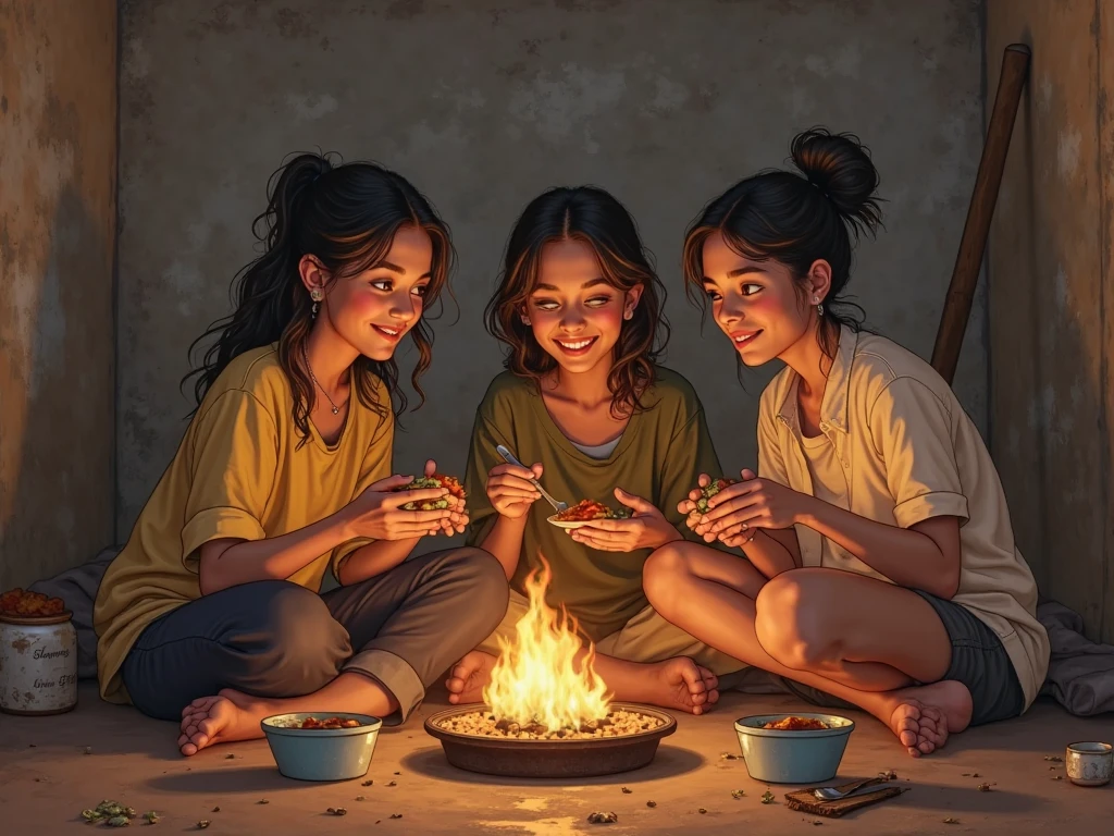 two bengali girl cigaratte beer and chicken grill in table beside wood camp fire